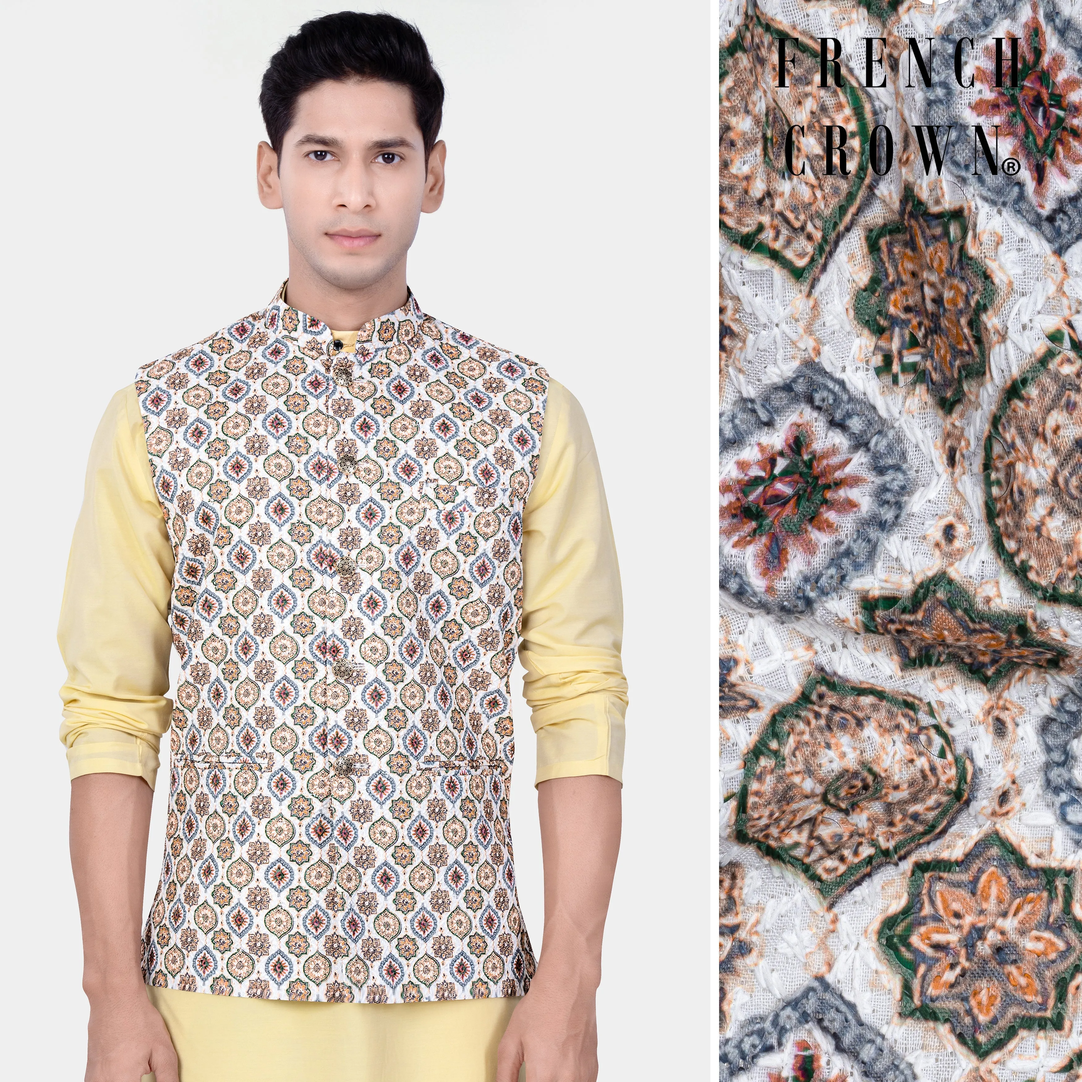 Bright White And Spruce Green Designer Embroidered Nehru Jacket sold by French Crown