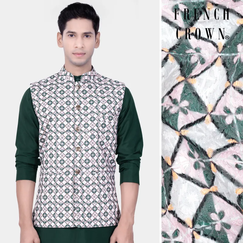 Bright White And Willam Green Trellis Designer Embroidered Nehru Jacket sold by French Crown
