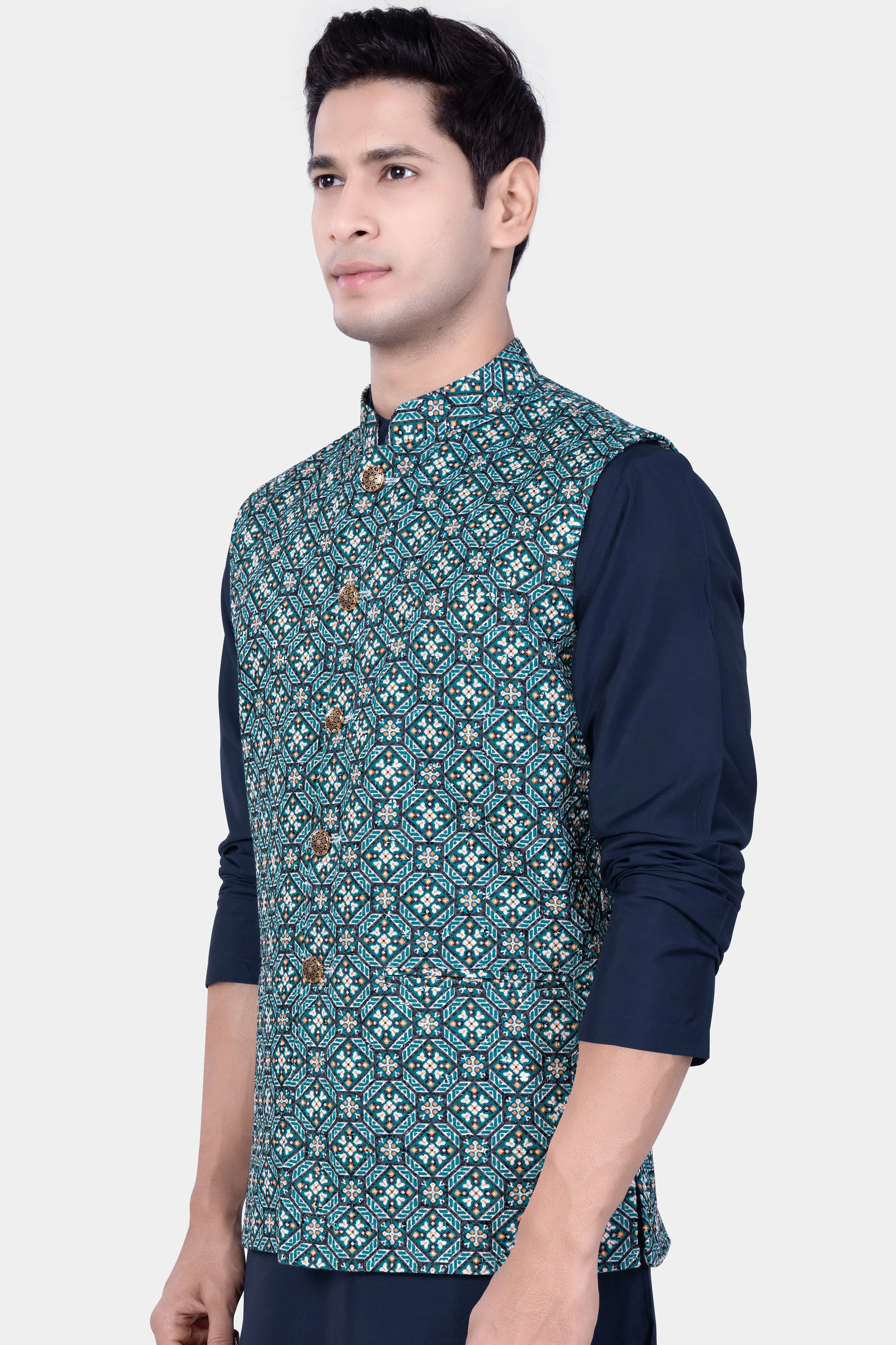 Surfie Blue And Tangerine Orange Designer Embroidered Nehru Jacket sold by French Crown product image thumbnail 5