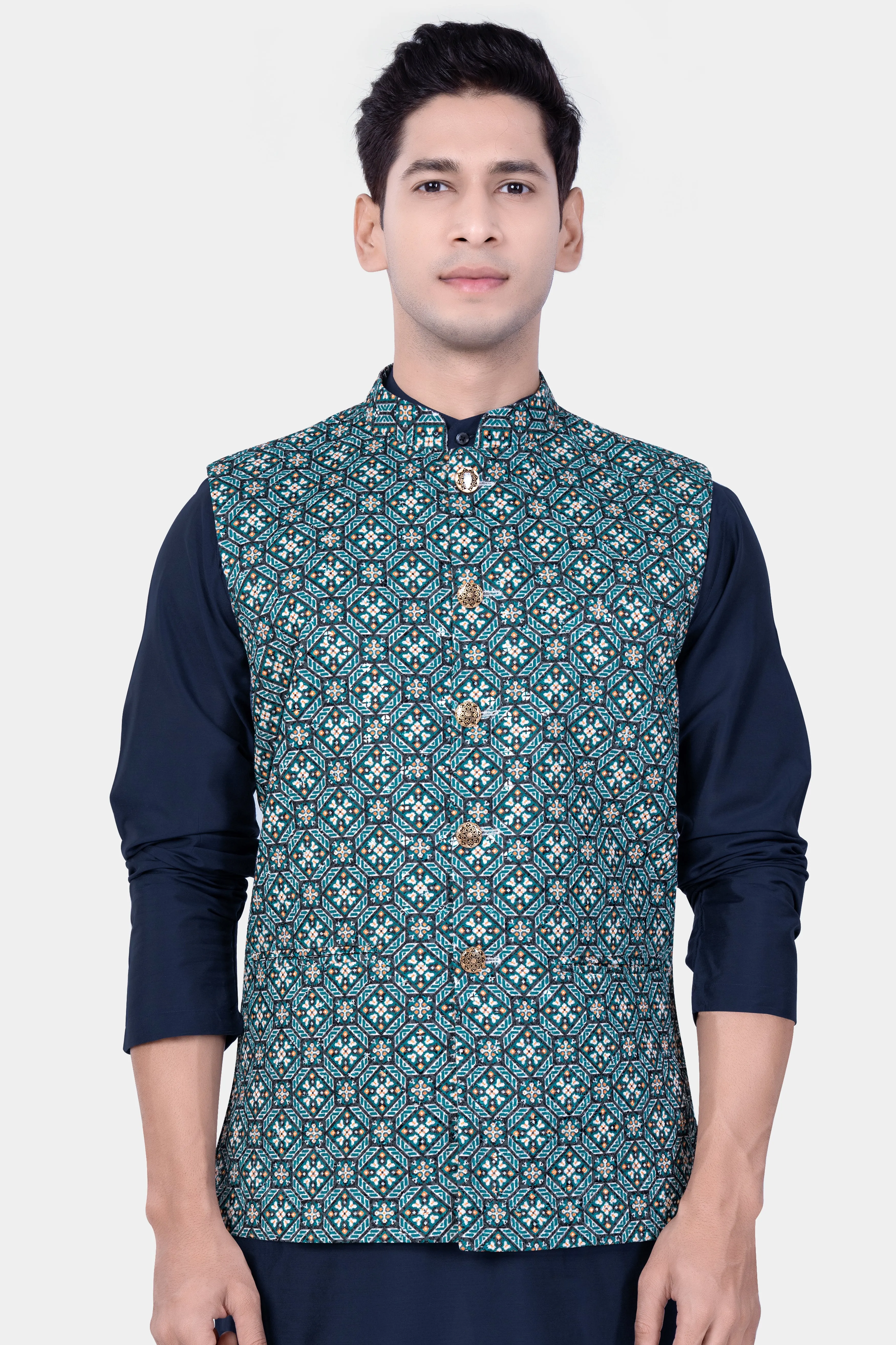 Surfie Blue And Tangerine Orange Designer Embroidered Nehru Jacket sold by French Crown product image thumbnail 2