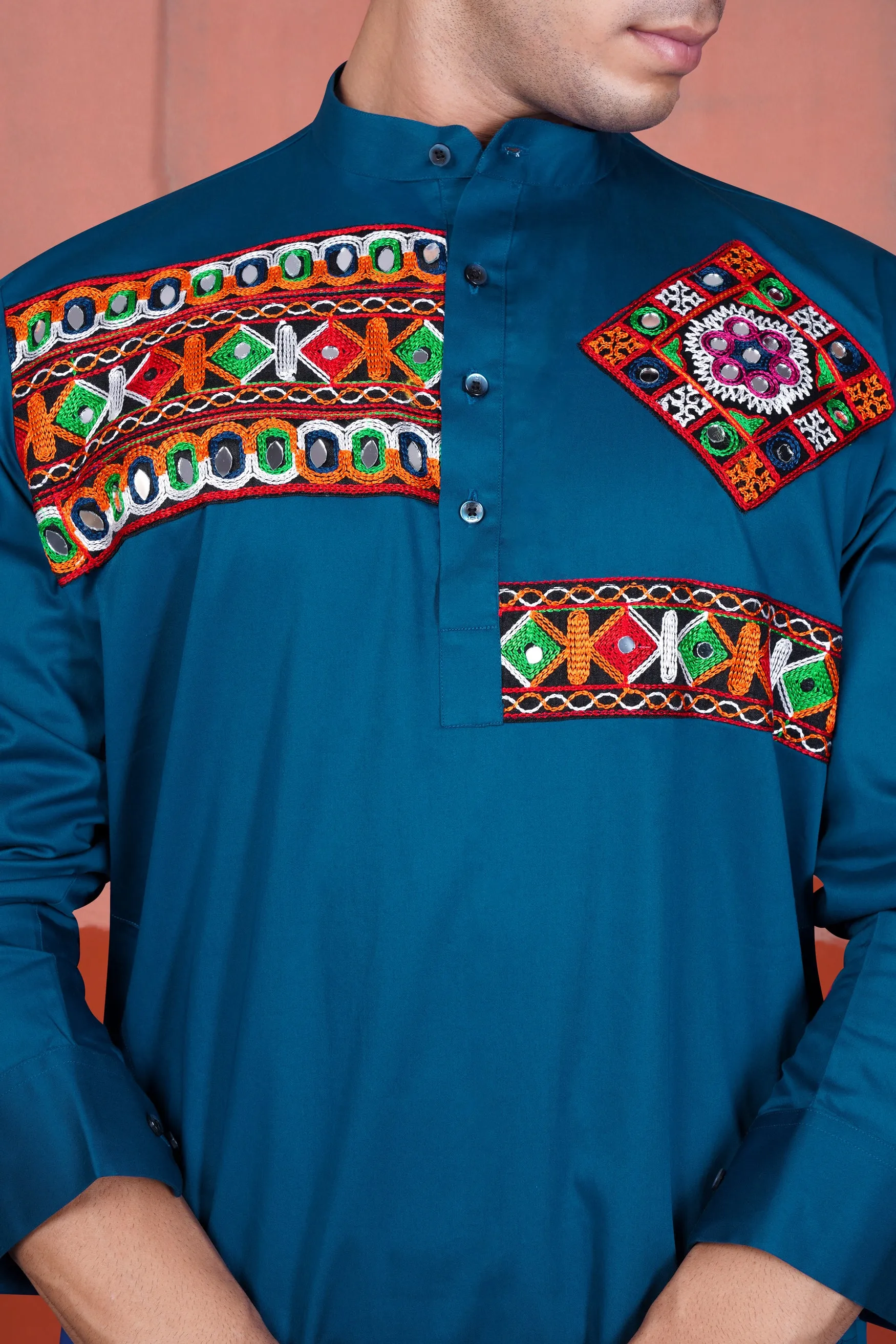 Astronaut Blue Multicolour Kutch Work Patches with Mirror Work Subtle Sheen Super Soft Premium Cotton Designer Kurta sold by French Crown product image thumbnail 4