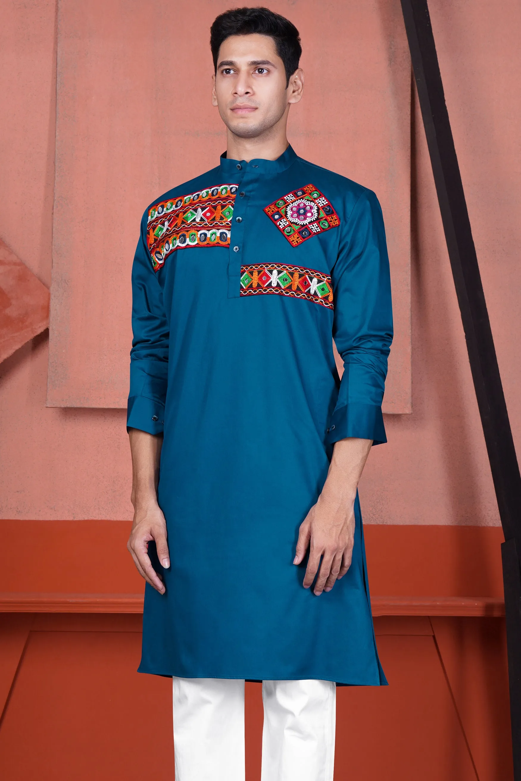 Astronaut Blue Multicolour Kutch Work Patches with Mirror Work Subtle Sheen Super Soft Premium Cotton Designer Kurta sold by French Crown product image thumbnail 2