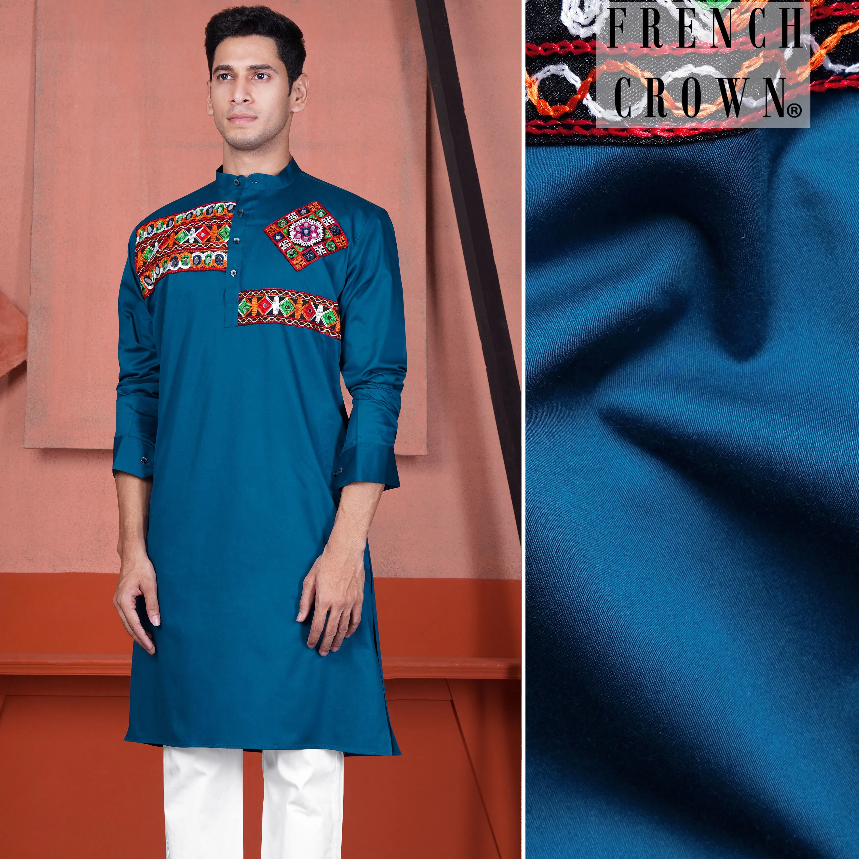 Astronaut Blue Multicolour Kutch Work Patches with Mirror Work Subtle Sheen Super Soft Premium Cotton Designer Kurta sold by French Crown