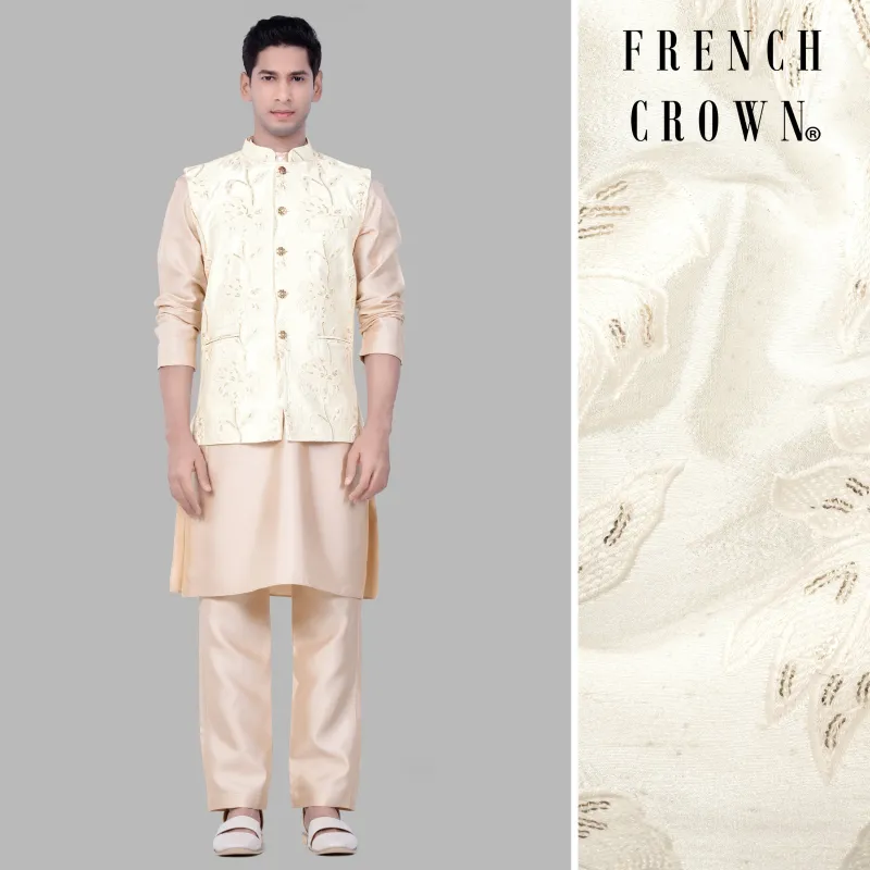Almond Brown Kurta Set With Bright White Designer Sequin And Thread Embroidered Nehru Jacket sold by French Crown
