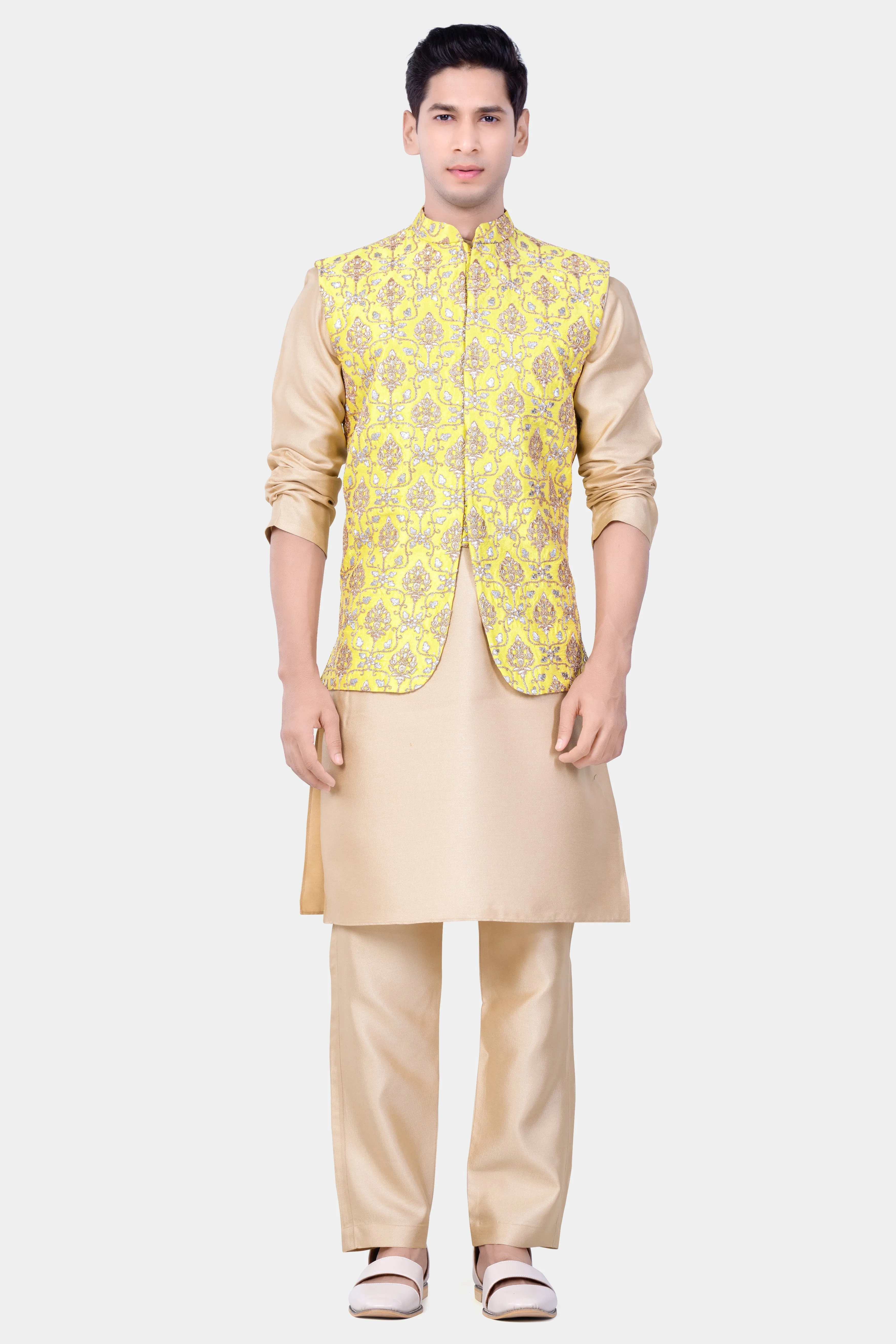 Almond Brown Kurta Set With Marigold Yellow And Quicksand Brown Thread Embroidered Nehru Jacket sold by French Crown product image thumbnail 2