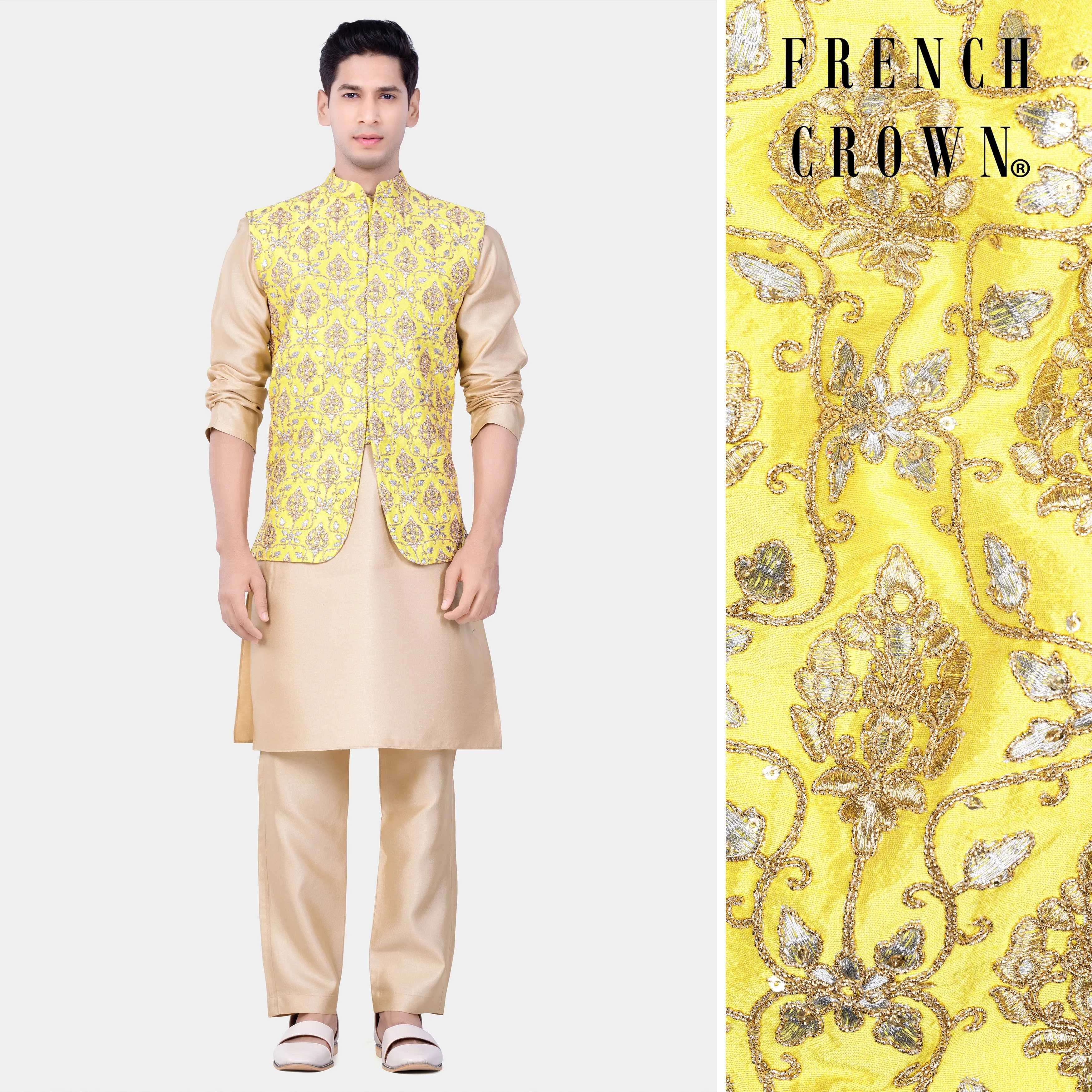 Almond Brown Kurta Set With Marigold Yellow And Quicksand Brown Thread Embroidered Nehru Jacket sold by French Crown