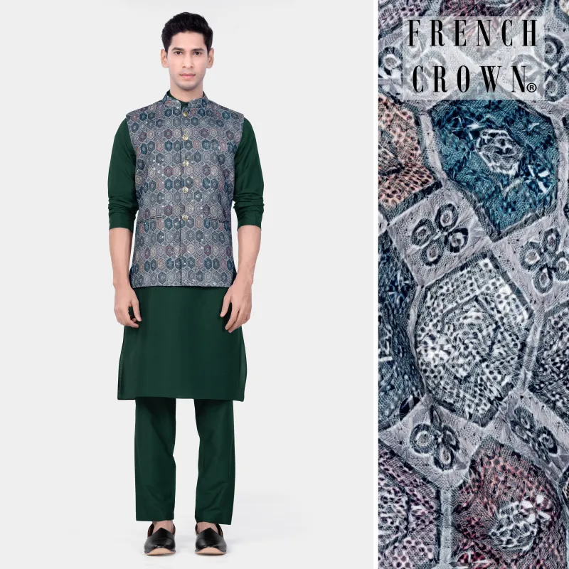 Timber Green Kurta Set With Tuna Blue And Gunsmoke Gray Multicolour Embroidered Nehru Jacket sold by French Crown