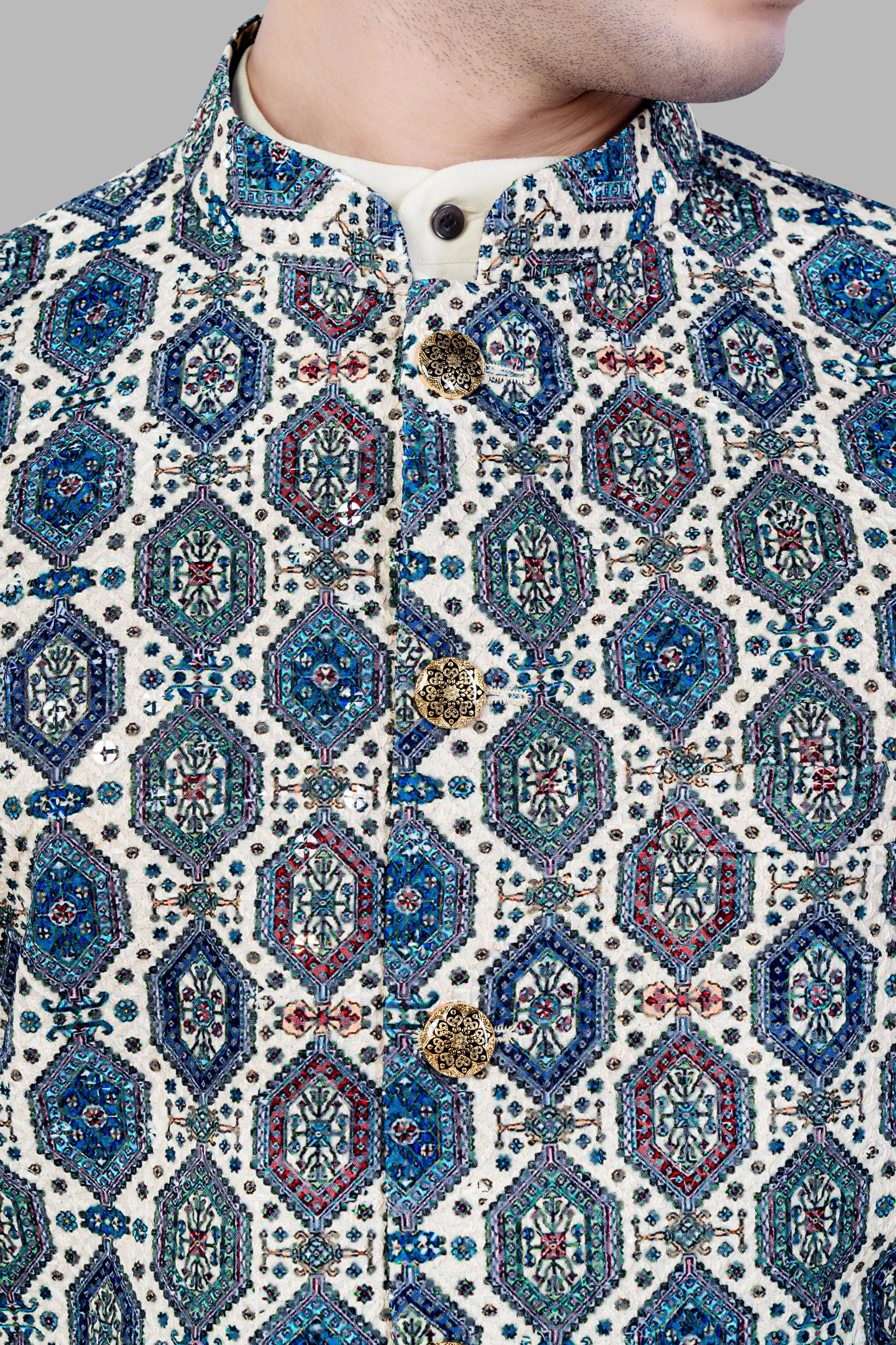 Bluish blue And Claret Red Thread Embroidered Nehru Jacket sold by French Crown product image thumbnail 4