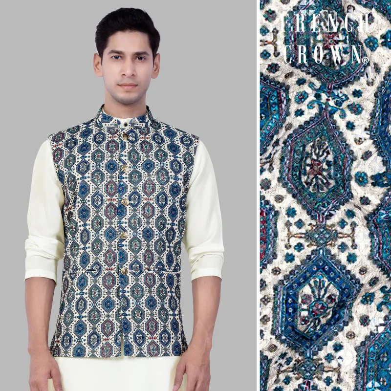 Bluish blue And Claret Red Thread Embroidered Nehru Jacket sold by French Crown