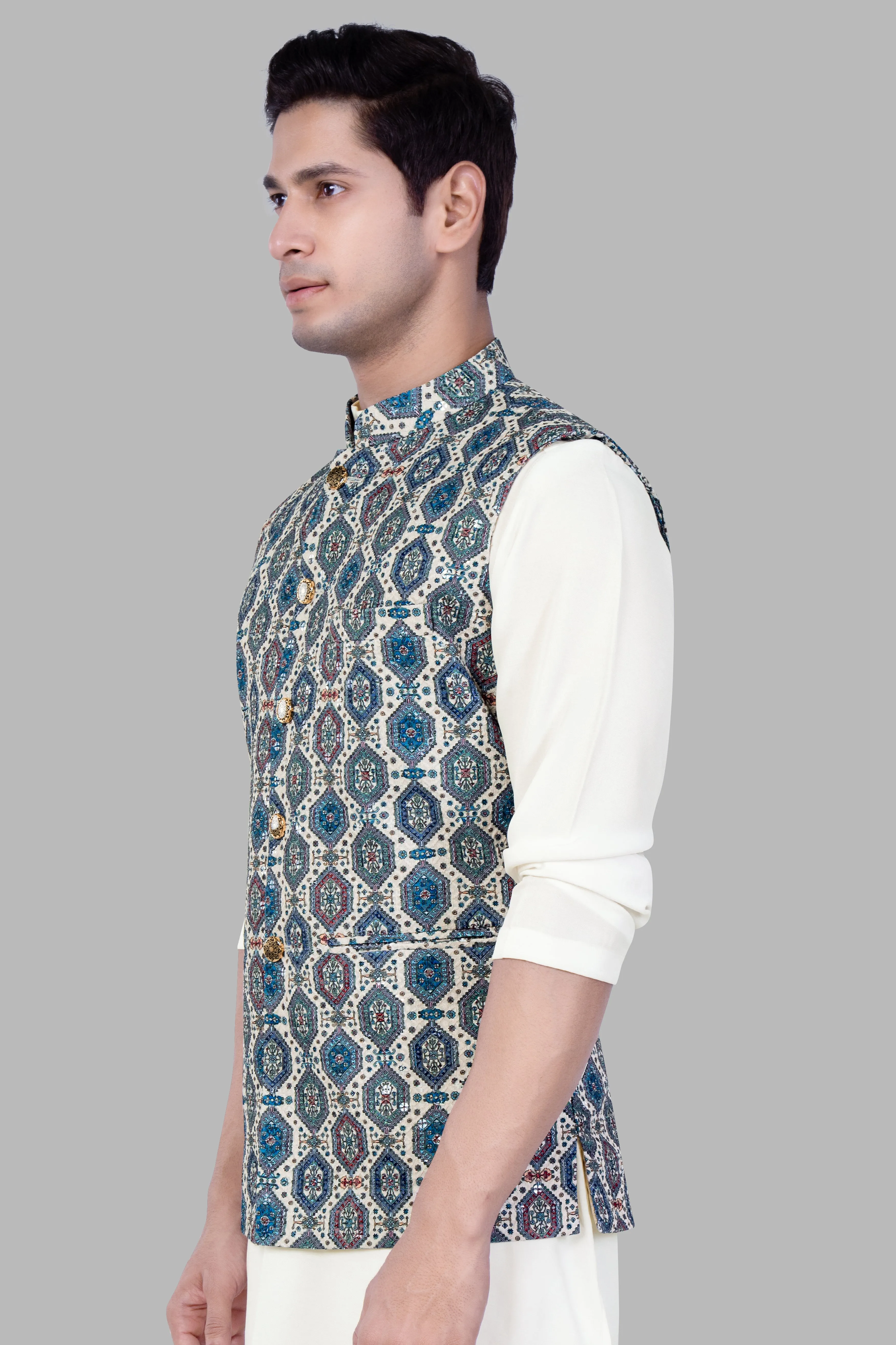 Bluish blue And Claret Red Thread Embroidered Nehru Jacket sold by French Crown product image thumbnail 5