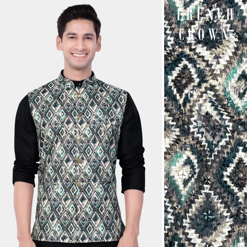 Abbey Gray And Outer Space Blue Designer Embroidered Nehru Jacket sold by French Crown