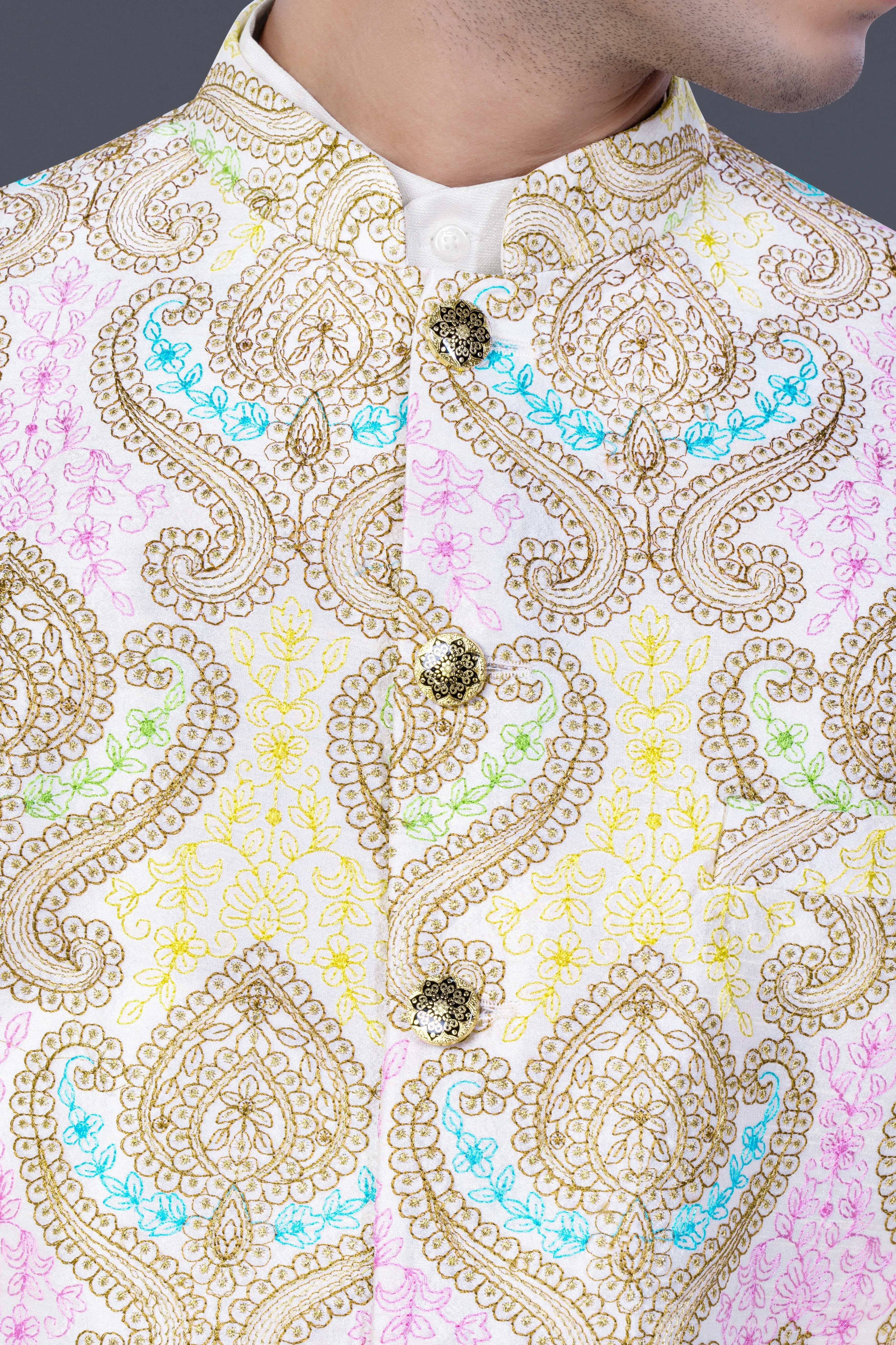 Neon Fuchsia Pink And Starship Yellow MultiColour Embroidered Nehru Jacket sold by French Crown product image thumbnail 4