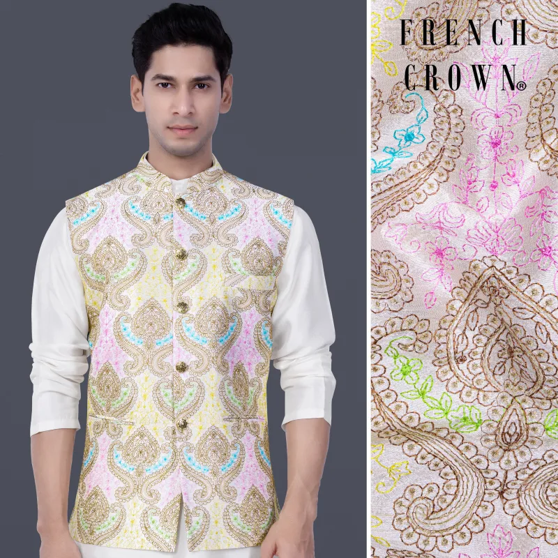 Neon Fuchsia Pink And Starship Yellow MultiColour Embroidered Nehru Jacket sold by French Crown