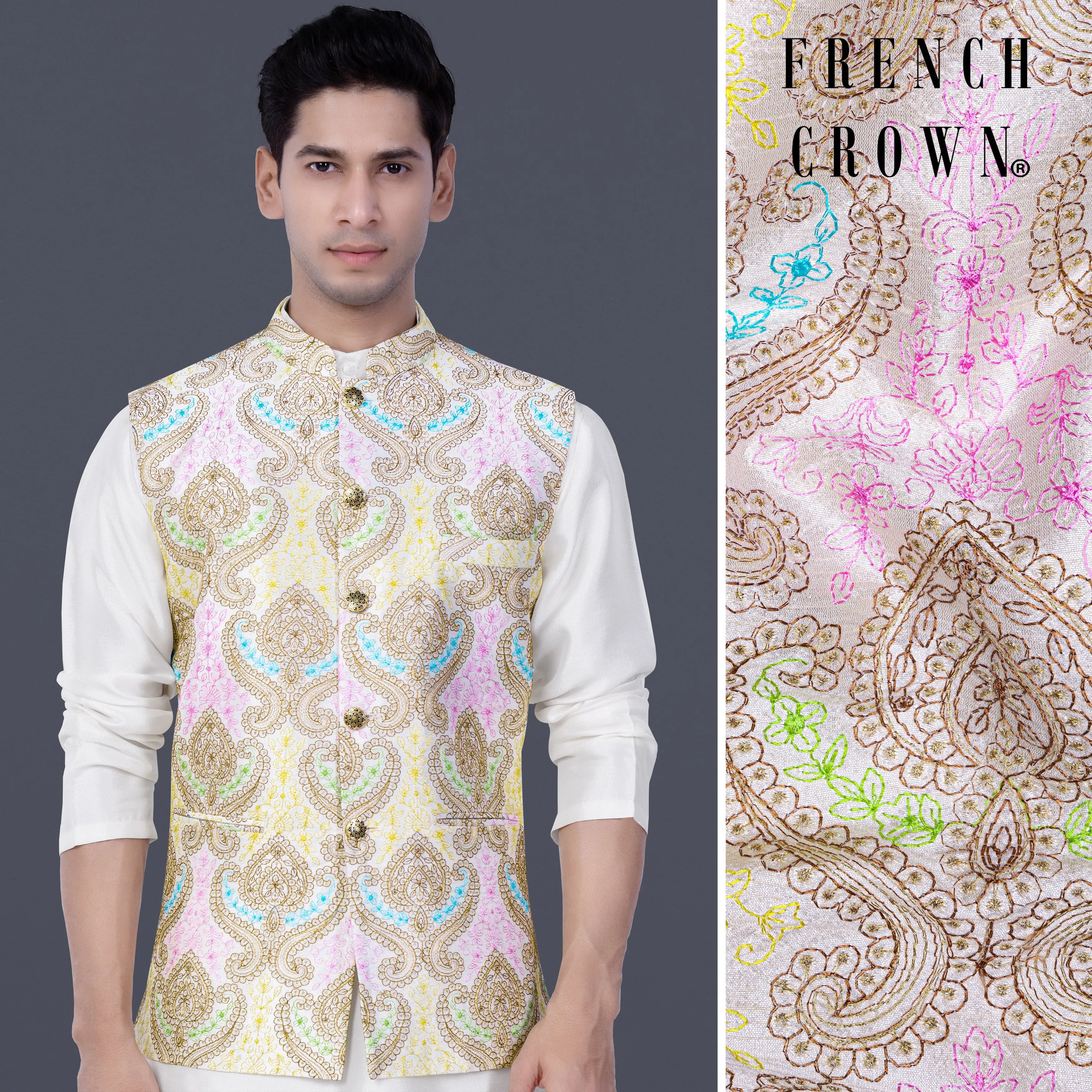 Neon Fuchsia Pink And Starship Yellow MultiColour Embroidered Nehru Jacket sold by French Crown