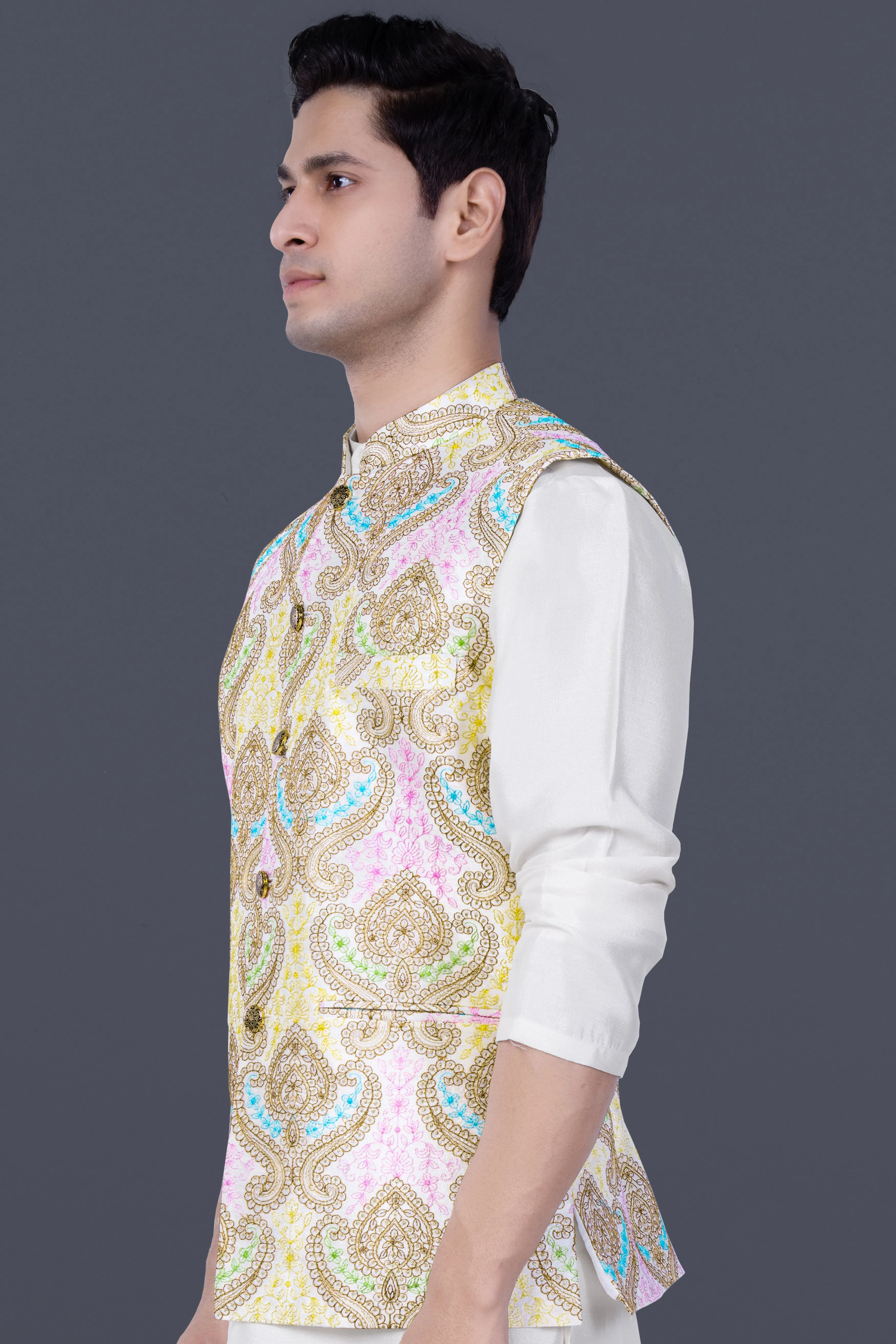 Neon Fuchsia Pink And Starship Yellow MultiColour Embroidered Nehru Jacket sold by French Crown product image thumbnail 5