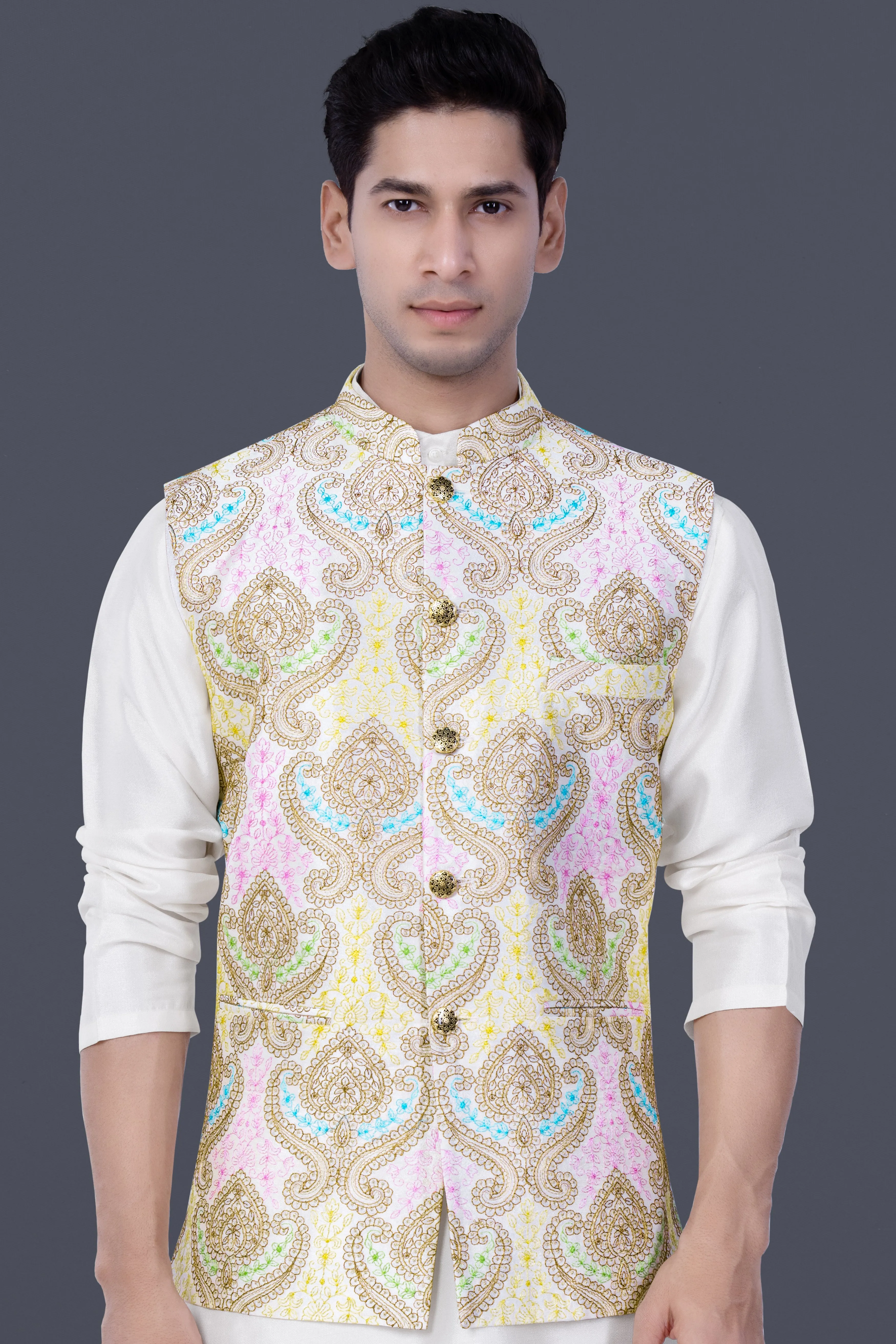 Neon Fuchsia Pink And Starship Yellow MultiColour Embroidered Nehru Jacket sold by French Crown product image thumbnail 2