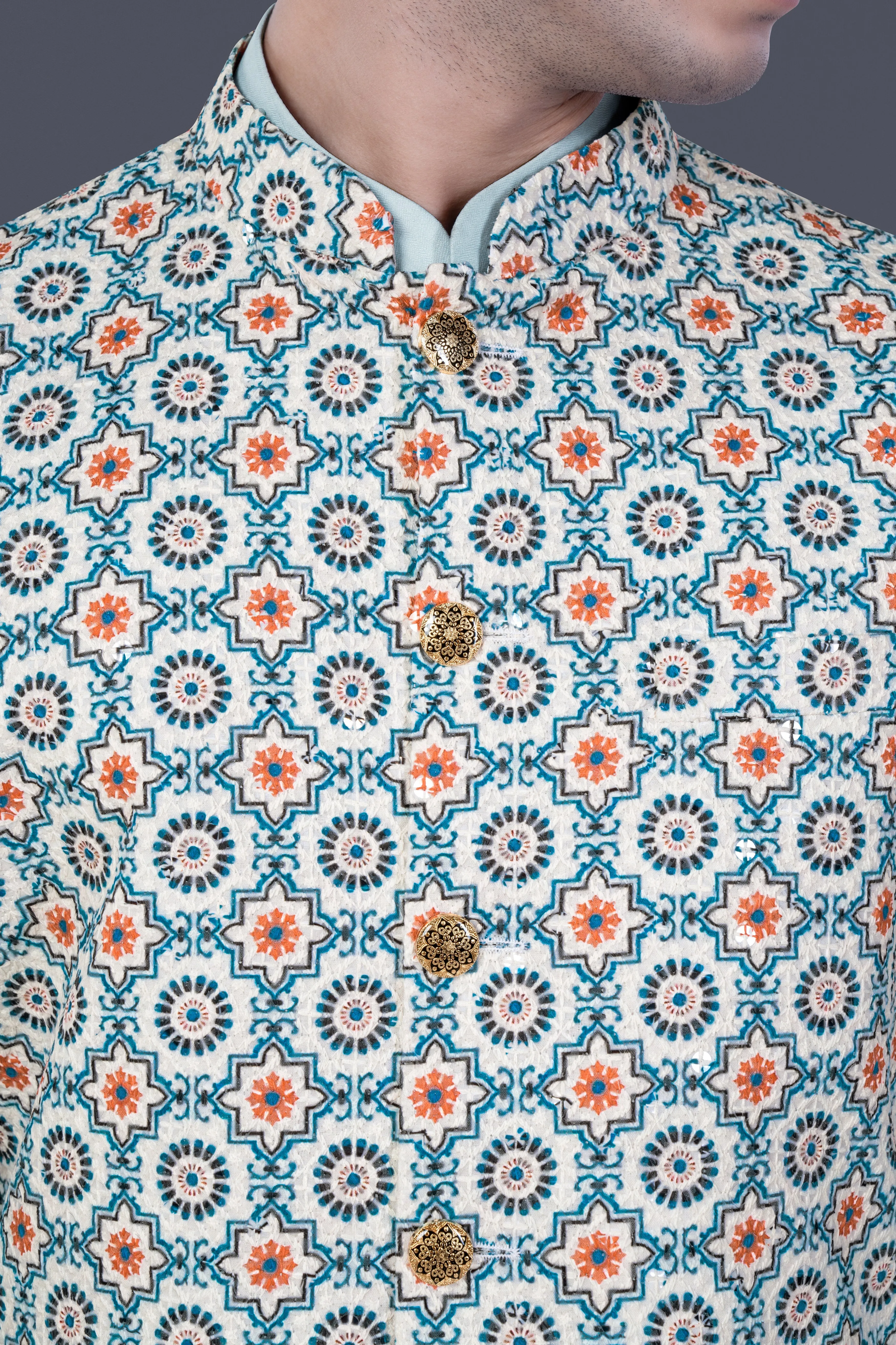 Persian Blue And Crusta Orange hexagon Thread Embroidered Nehru Jacket sold by French Crown product image thumbnail 4