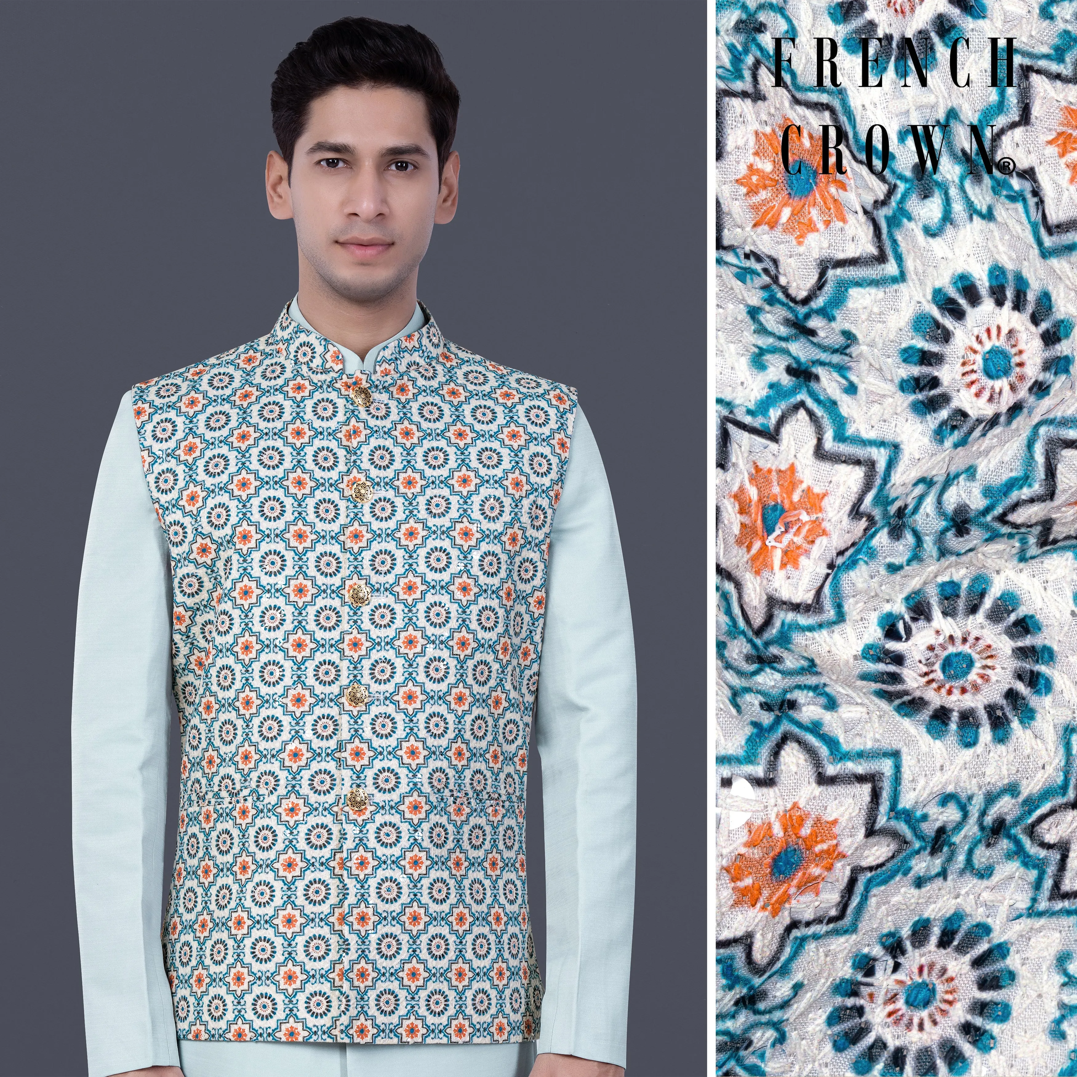 Persian Blue And Crusta Orange hexagon Thread Embroidered Nehru Jacket sold by French Crown