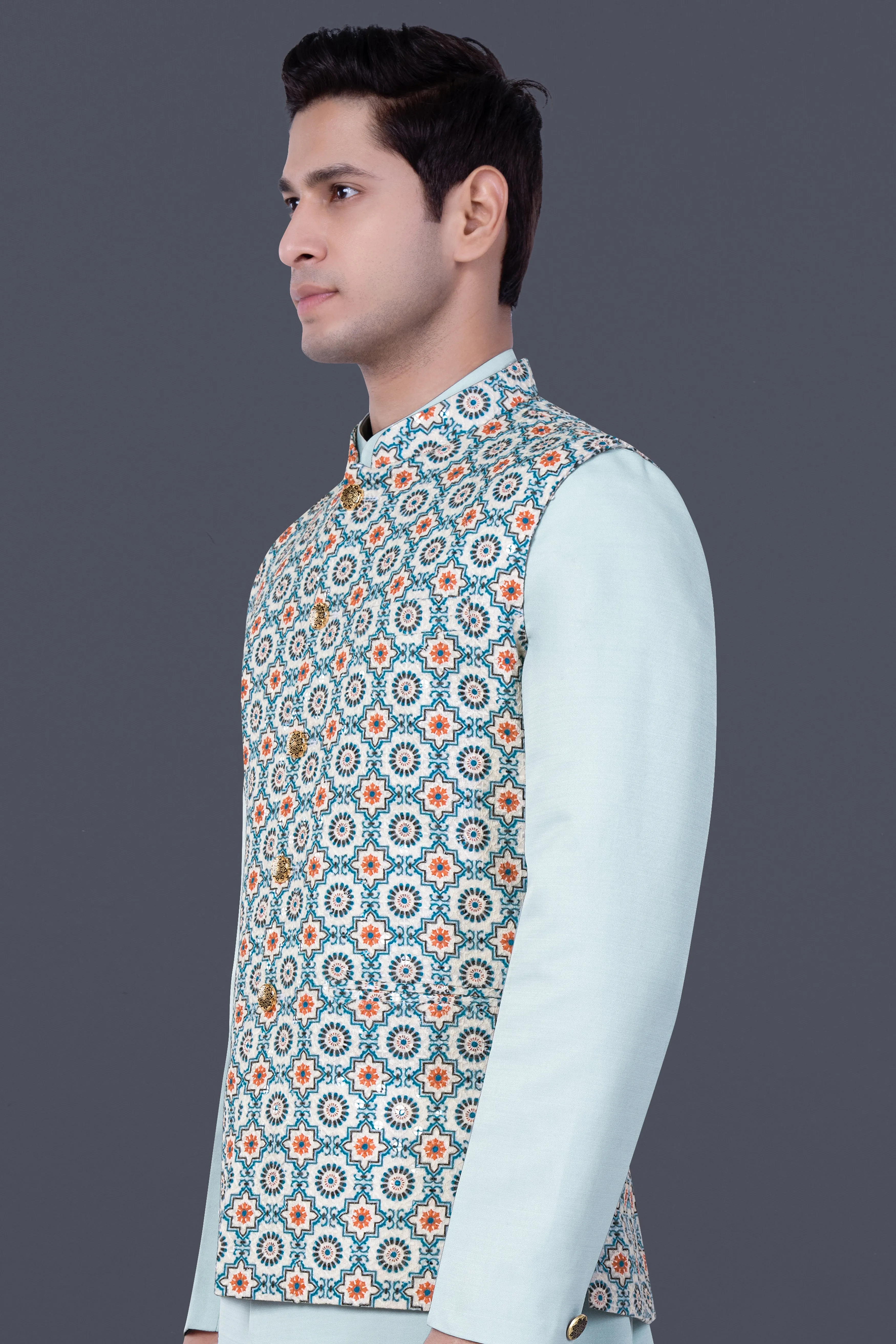Persian Blue And Crusta Orange hexagon Thread Embroidered Nehru Jacket sold by French Crown product image thumbnail 5