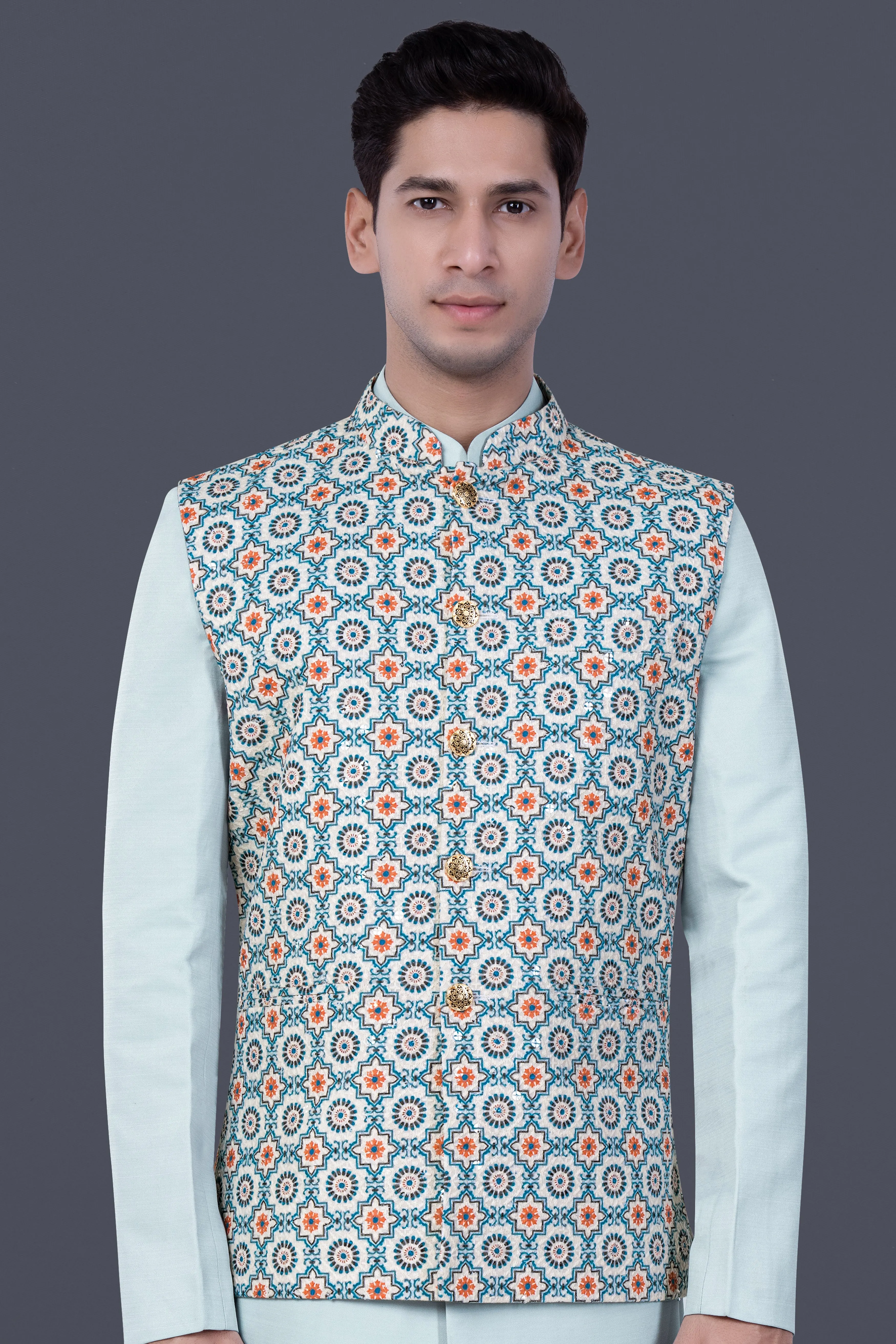 Persian Blue And Crusta Orange hexagon Thread Embroidered Nehru Jacket sold by French Crown product image thumbnail 2