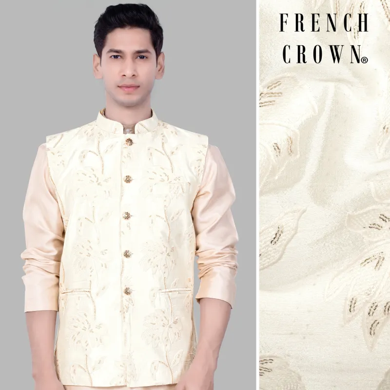 Bright White Designer Sequin And Thread Embroidered Nehru Jacket sold by French Crown