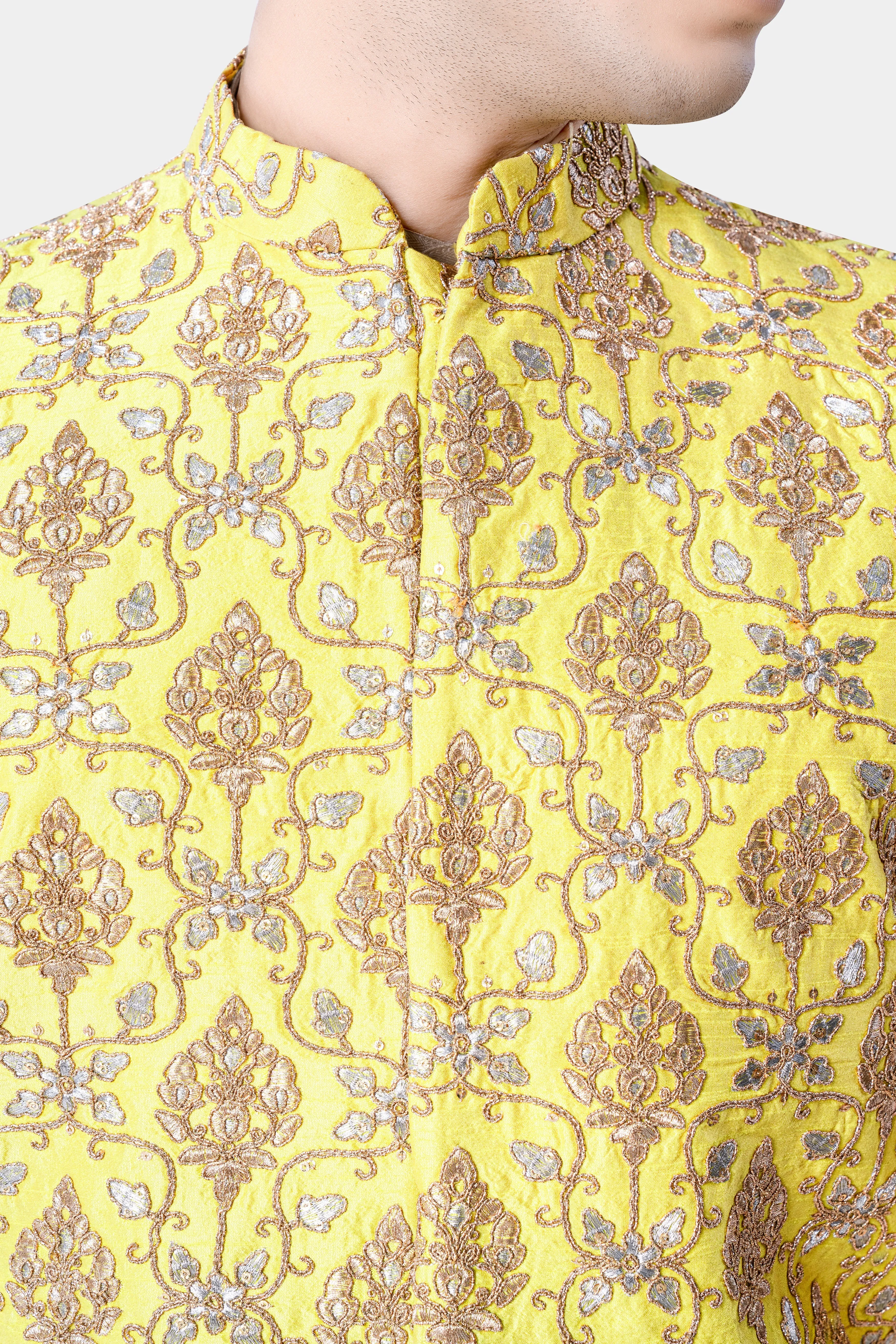Marigold Yellow And Quicksand Brown Thread Embroidered Nehru Jacket sold by French Crown product image thumbnail 4
