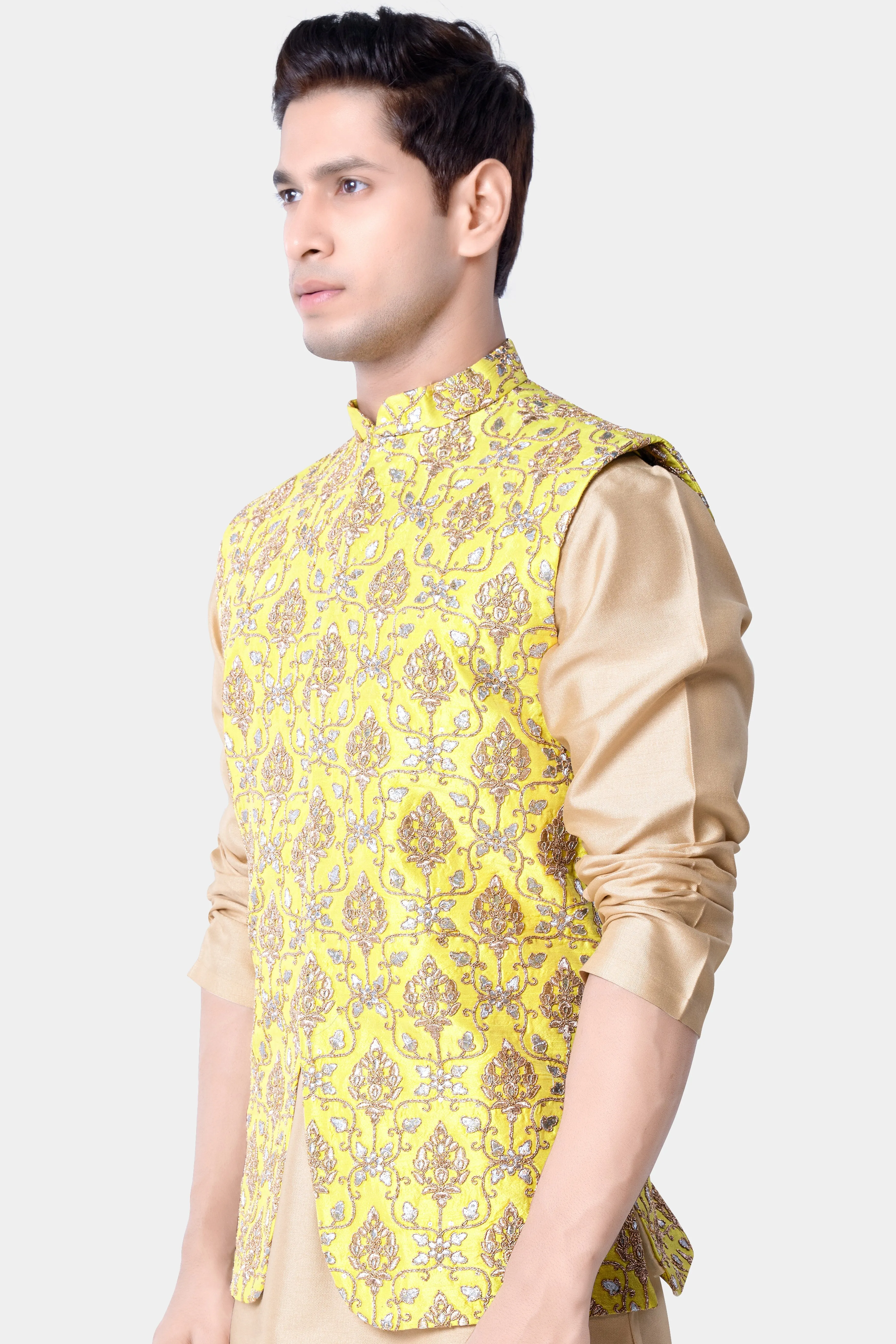 Marigold Yellow And Quicksand Brown Thread Embroidered Nehru Jacket sold by French Crown product image thumbnail 5