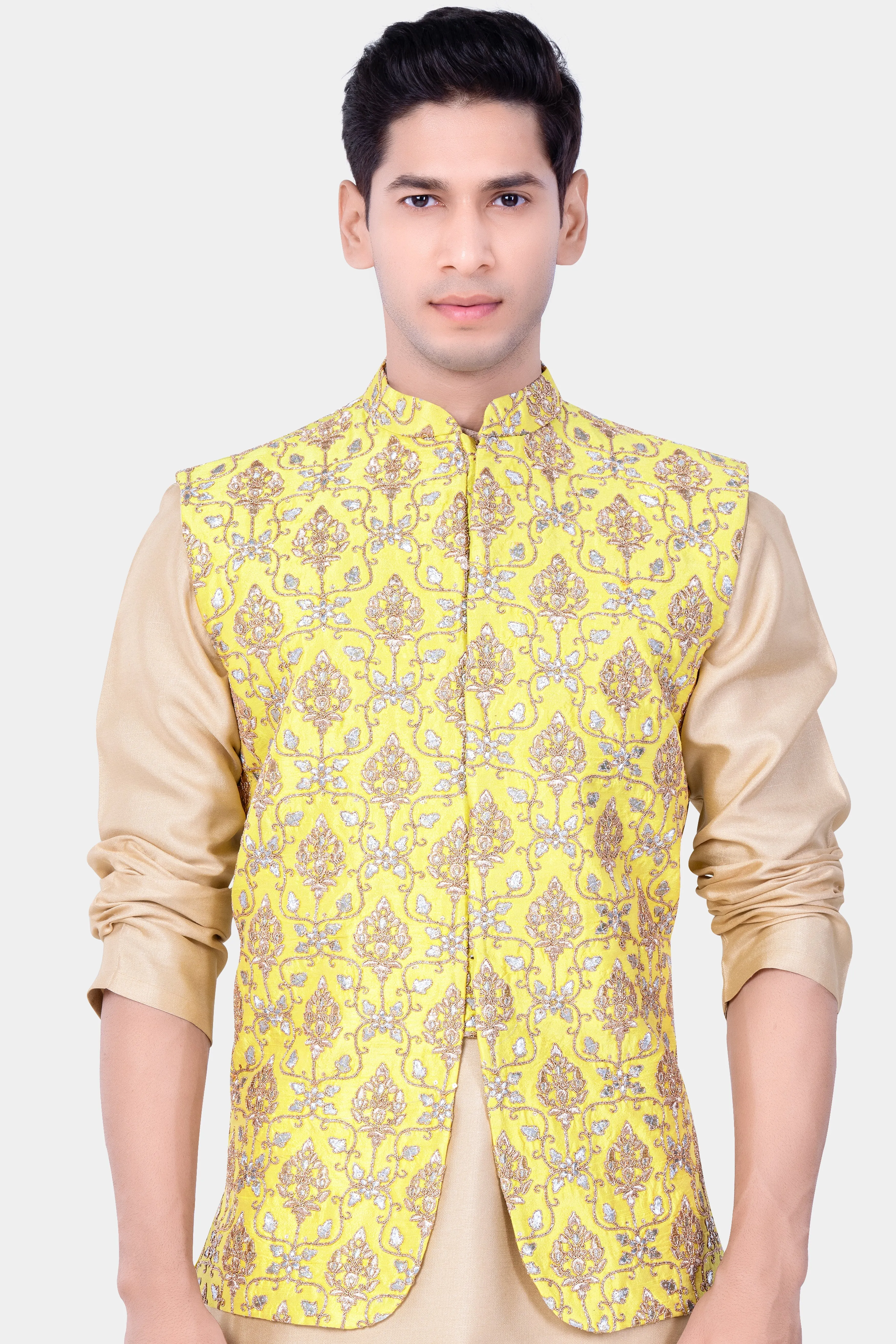 Marigold Yellow And Quicksand Brown Thread Embroidered Nehru Jacket sold by French Crown product image thumbnail 2