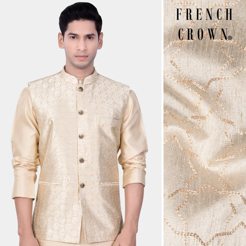Pearl Bush Cream hexagon Designer Embroidered Nehru Jacket sold by French Crown