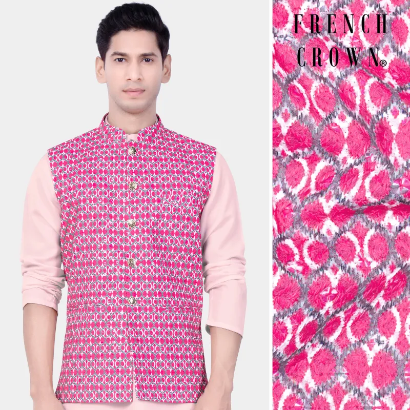 French Rose Pink And Bright White Designer Embroidered Nehru Jacket sold by French Crown