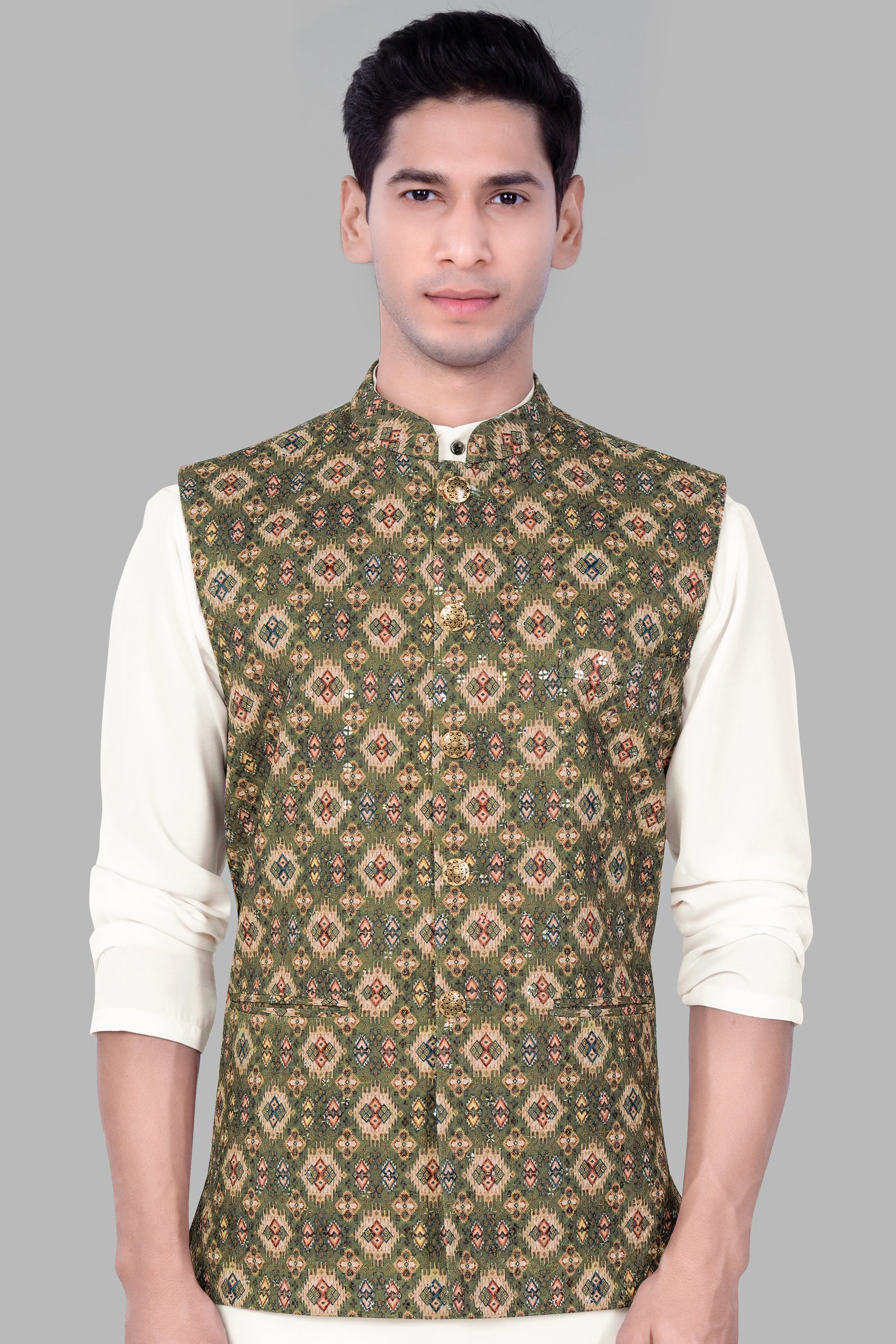 Finch Green And Coffee Brown MultiColour Designer Embroidered Nehru Jacket sold by French Crown product image thumbnail 2
