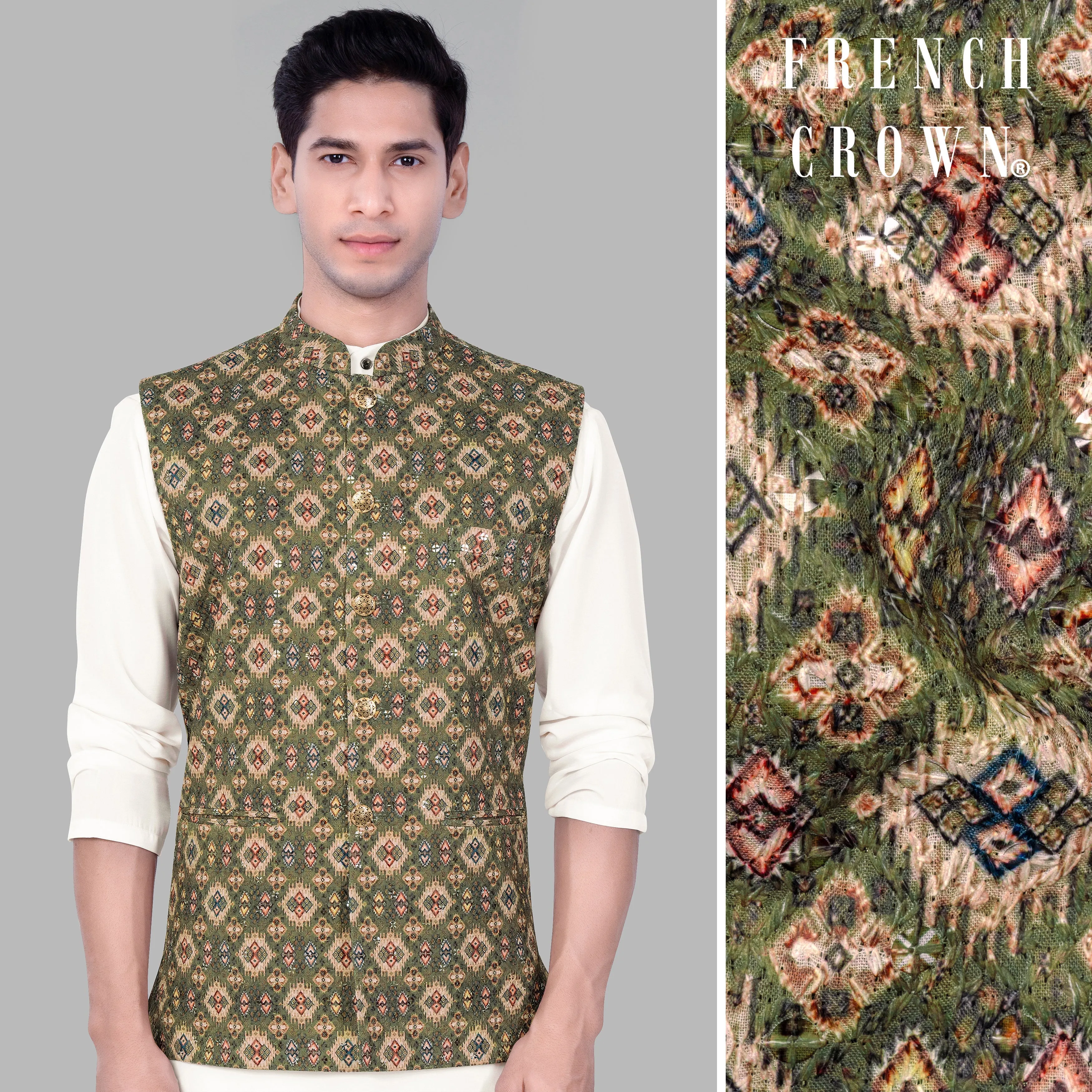 Finch Green And Coffee Brown MultiColour Designer Embroidered Nehru Jacket sold by French Crown