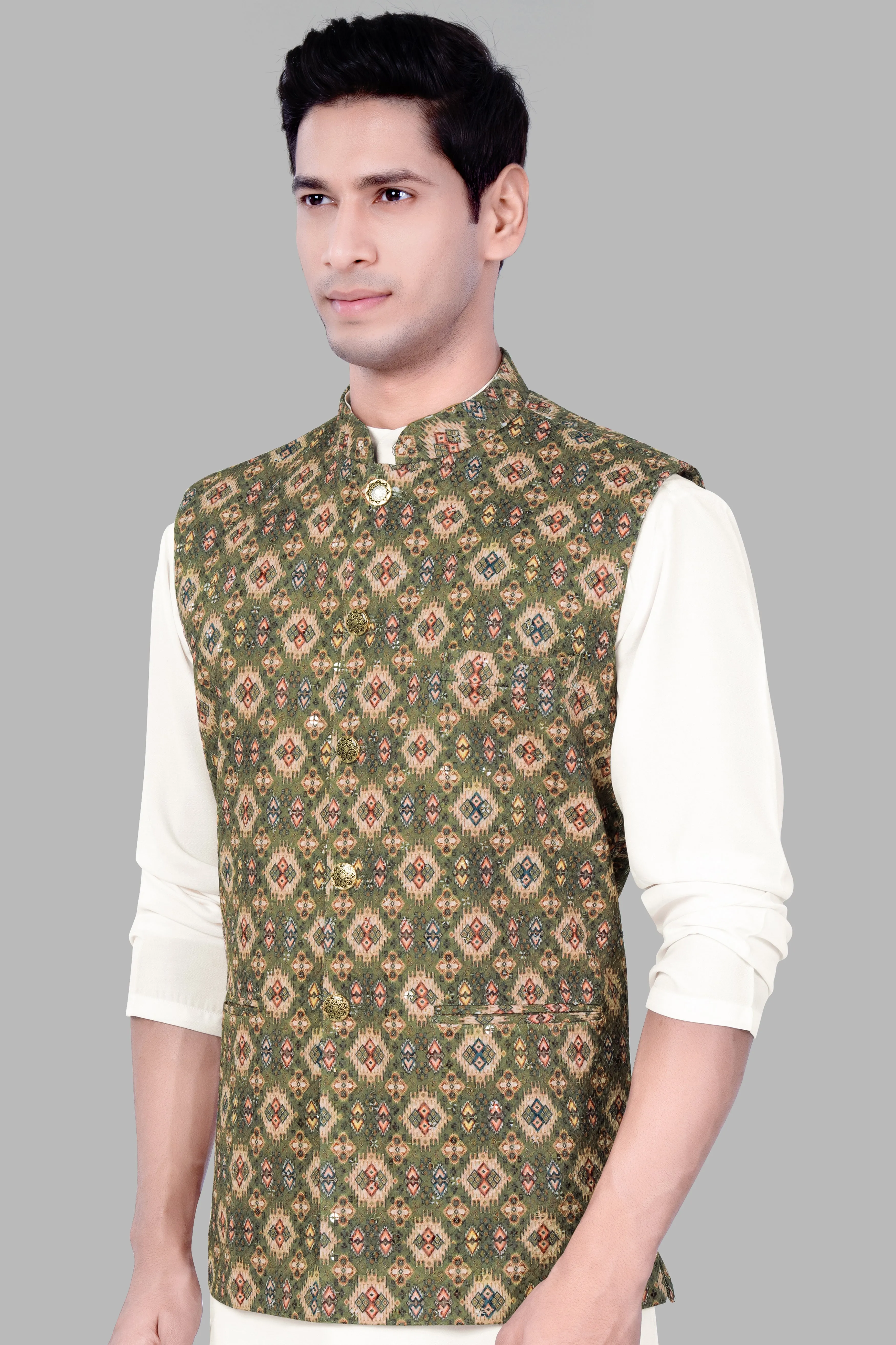 Finch Green And Coffee Brown MultiColour Designer Embroidered Nehru Jacket sold by French Crown product image thumbnail 5