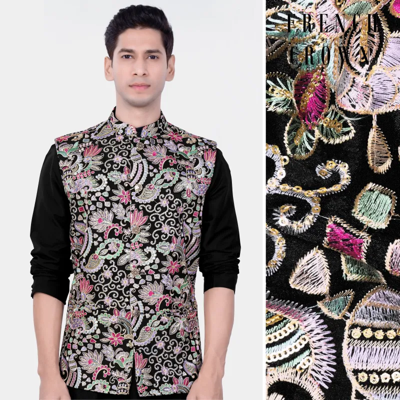 Jade Black And Amethyst Purple MultiColour Designer Embroidered Nehru Jacket sold by French Crown