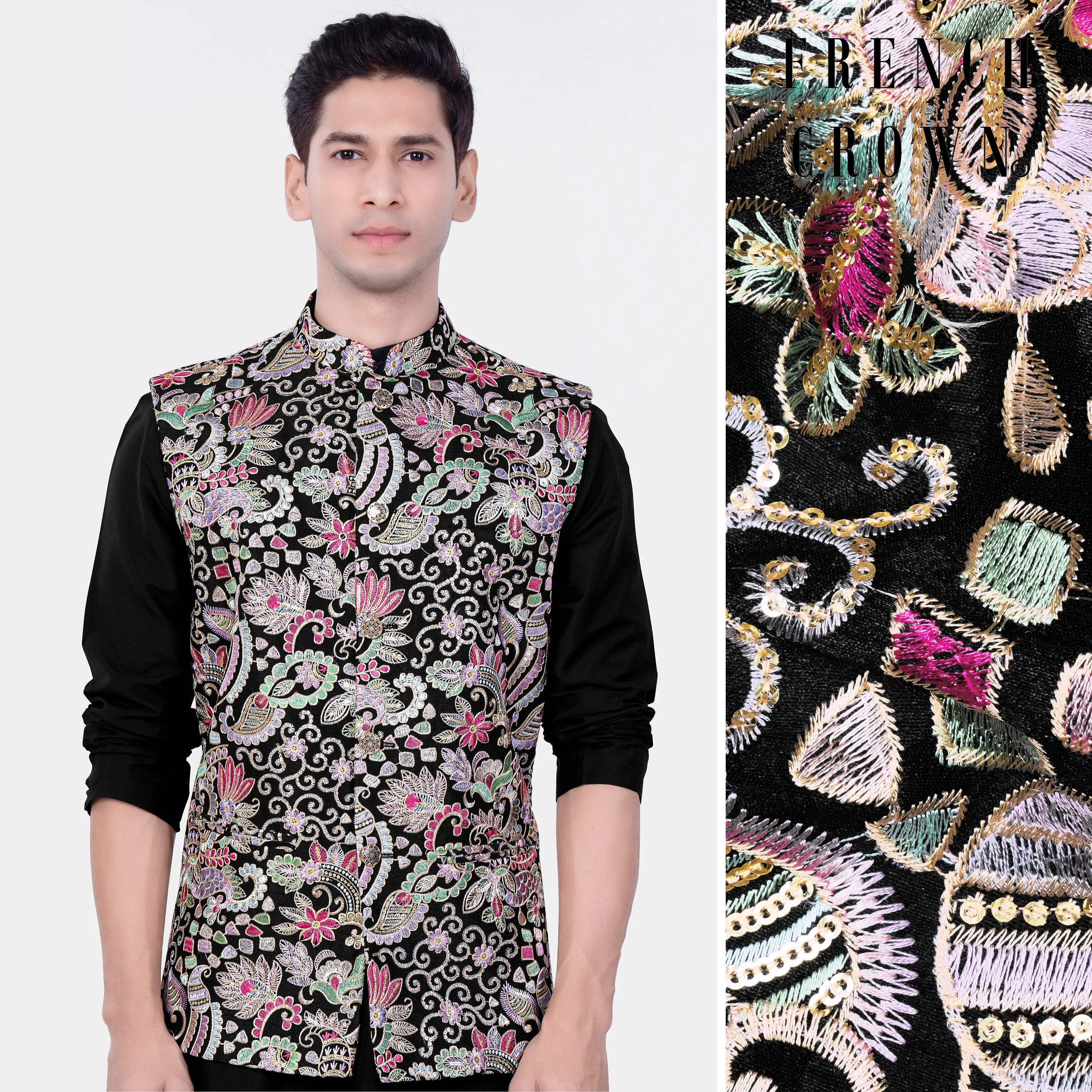 Jade Black And Amethyst Purple MultiColour Designer Embroidered Nehru Jacket sold by French Crown