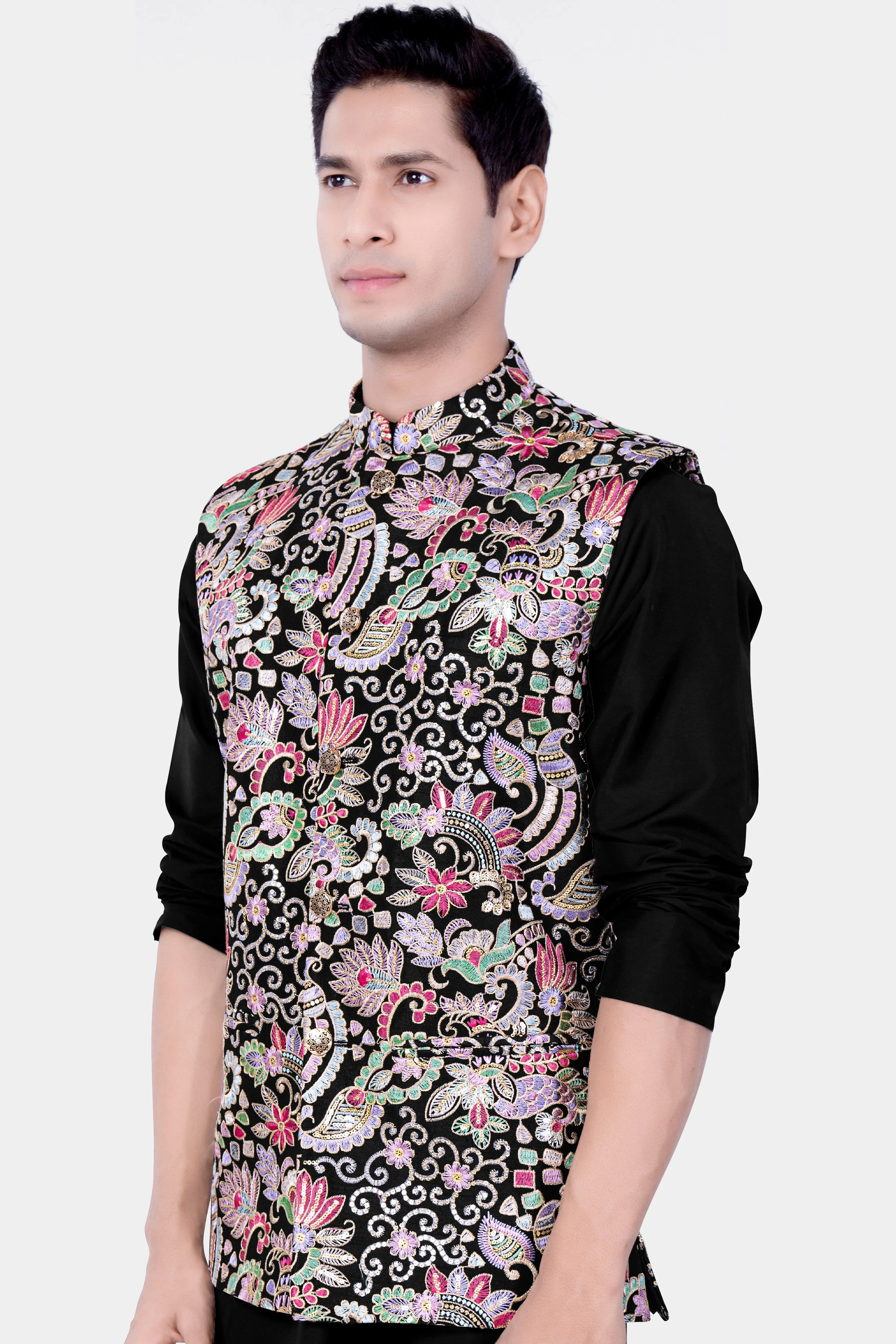 Jade Black And Amethyst Purple MultiColour Designer Embroidered Nehru Jacket sold by French Crown product image thumbnail 5