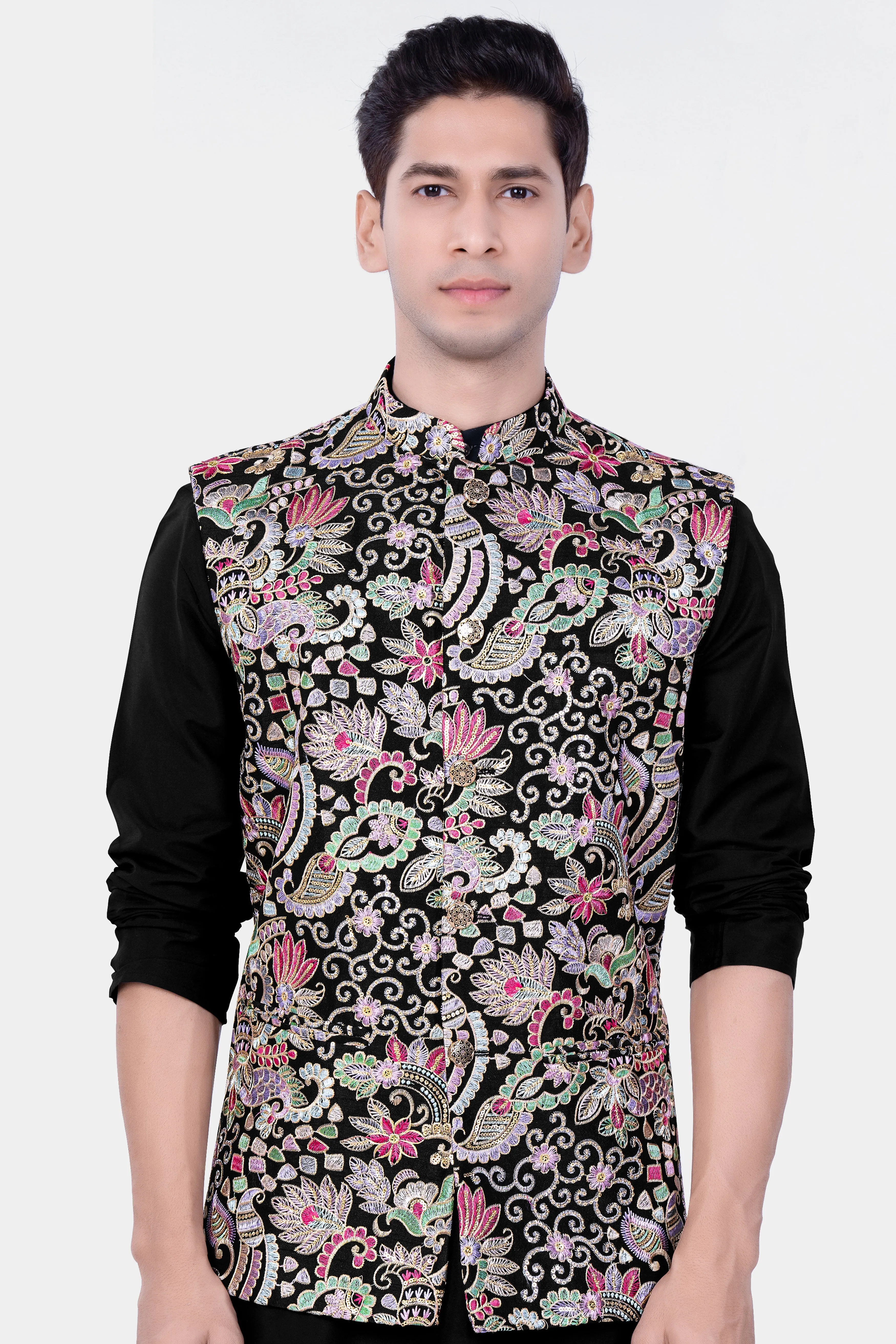 Jade Black And Amethyst Purple MultiColour Designer Embroidered Nehru Jacket sold by French Crown product image thumbnail 2