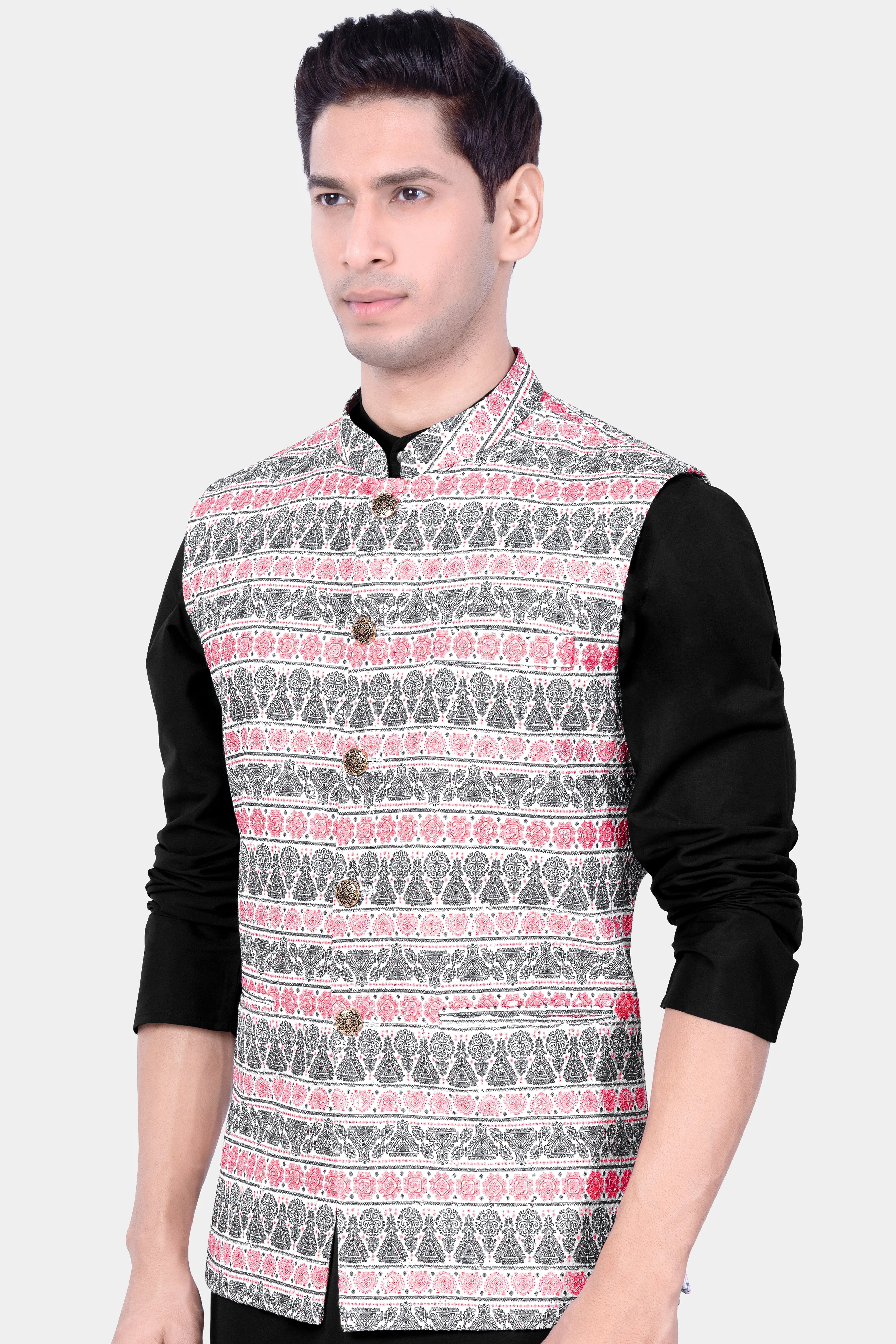 Brink Pink And jade Black Striped Designer Nehru Jacket sold by French Crown product image thumbnail 5
