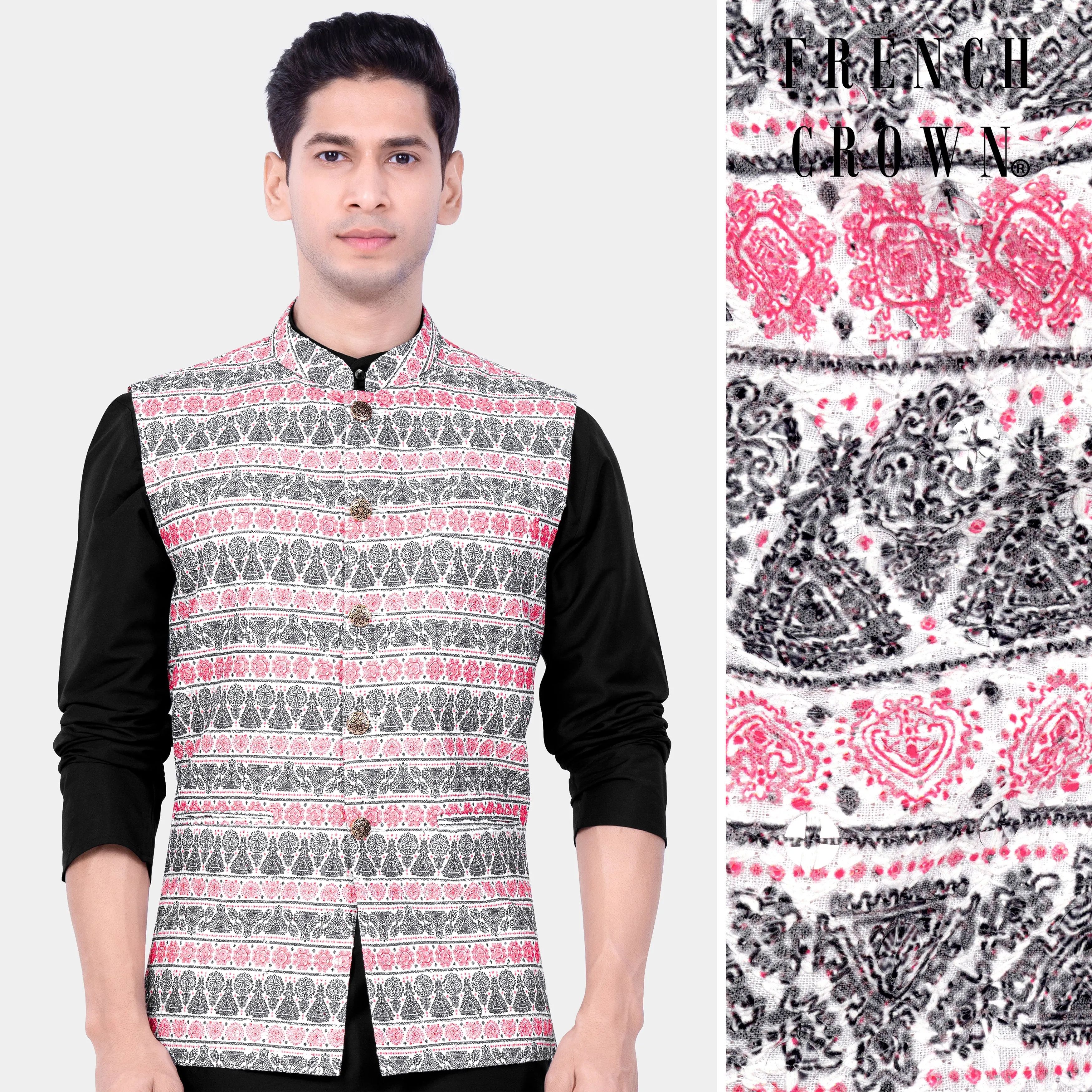 Brink Pink And jade Black Striped Designer Nehru Jacket sold by French Crown