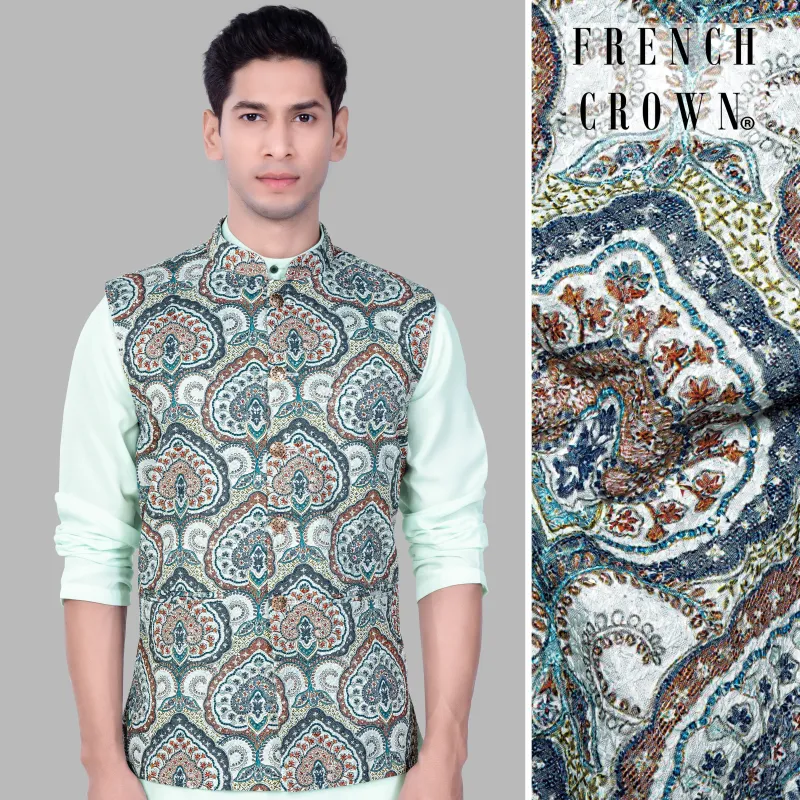 Shiraz Blue And Hippie Red MultiColour Embroidered Nehru Jacket sold by French Crown