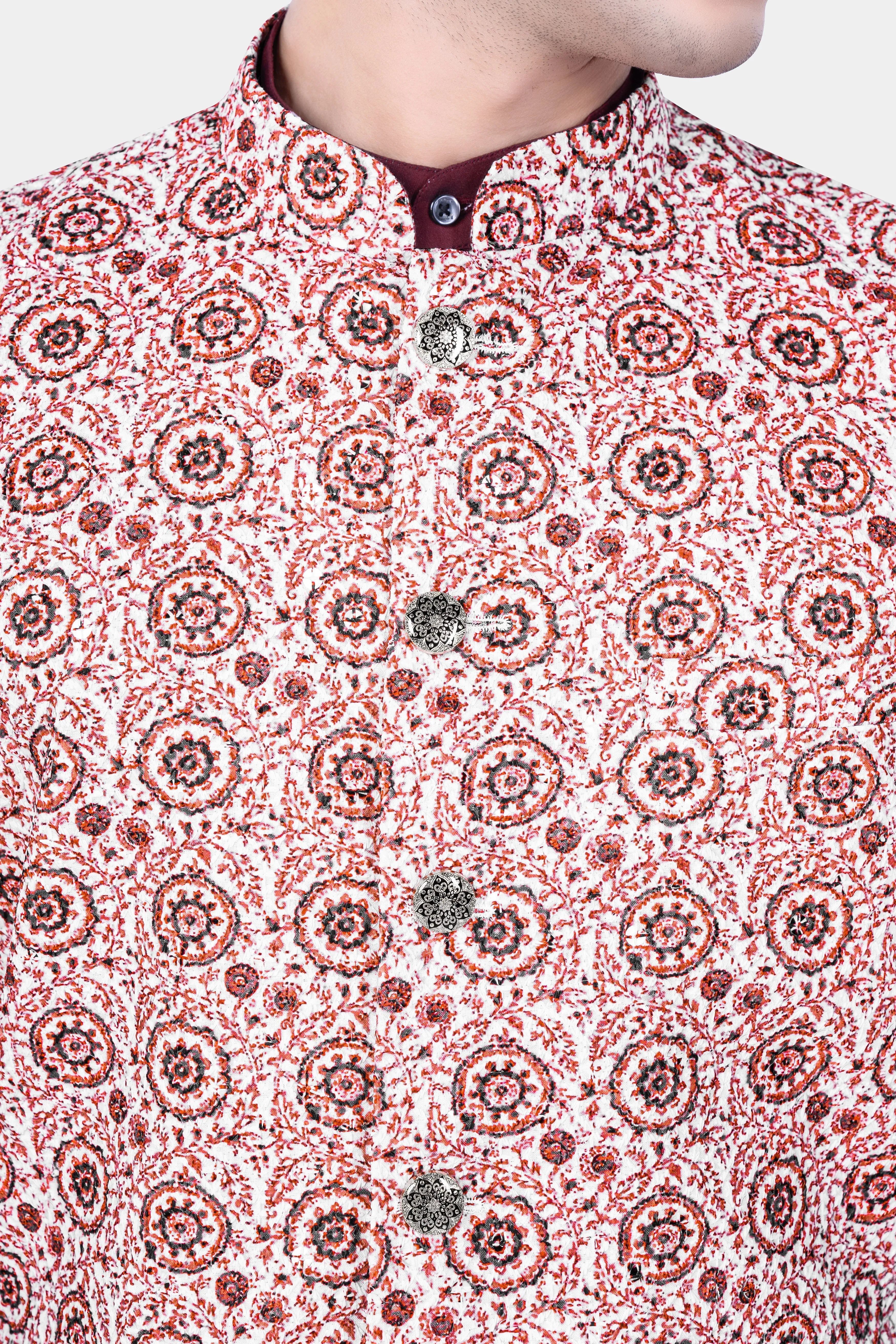 Copper Rust Brown And Bright White Embroidered Nehru Jacket sold by French Crown product image thumbnail 4