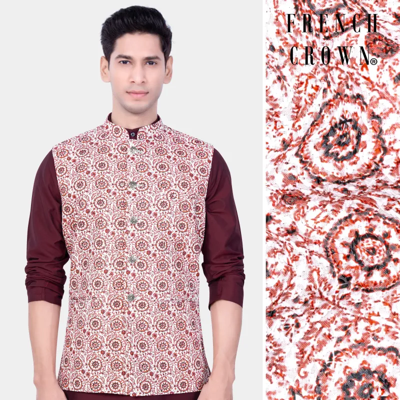 Copper Rust Brown And Bright White Embroidered Nehru Jacket sold by French Crown