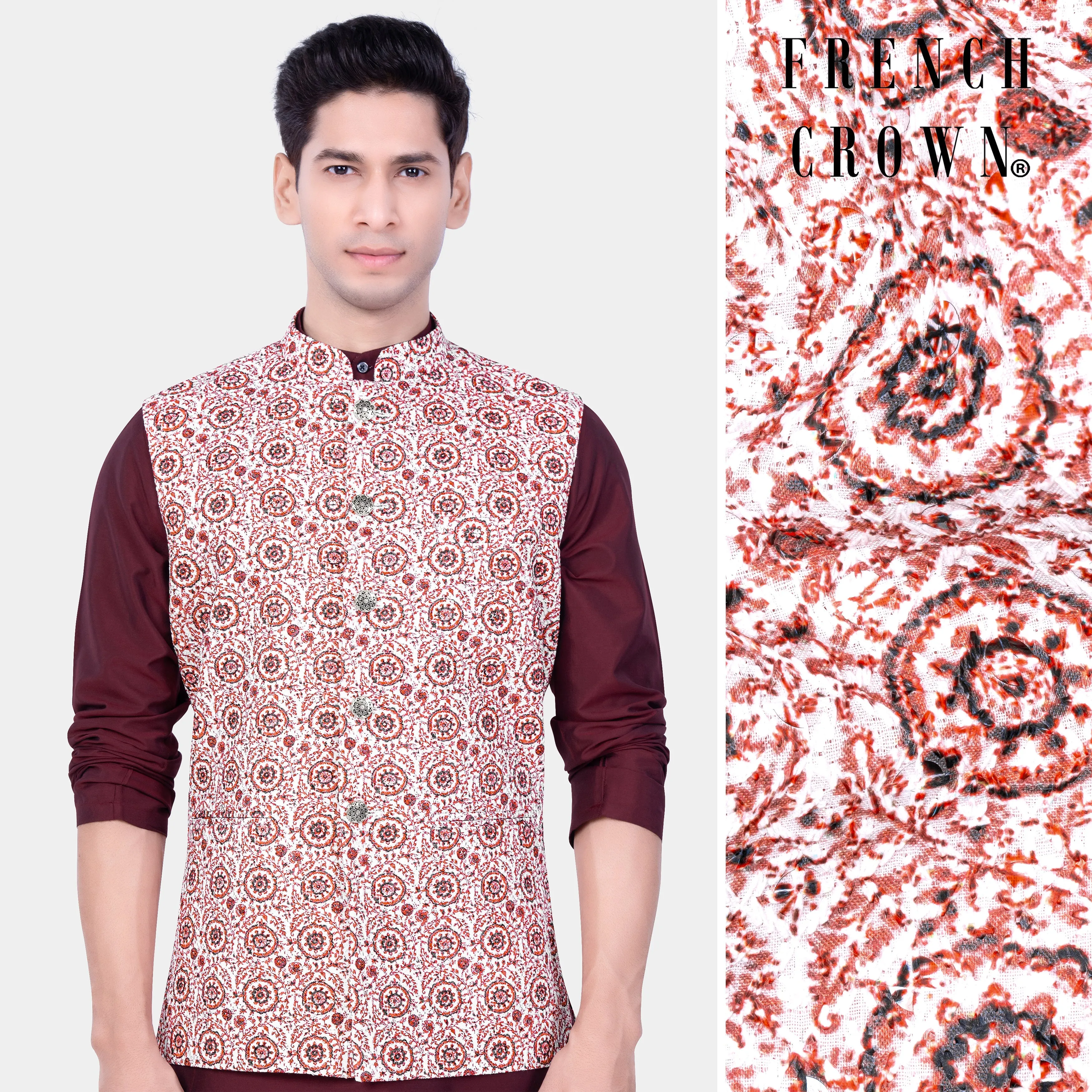 Copper Rust Brown And Bright White Embroidered Nehru Jacket sold by French Crown