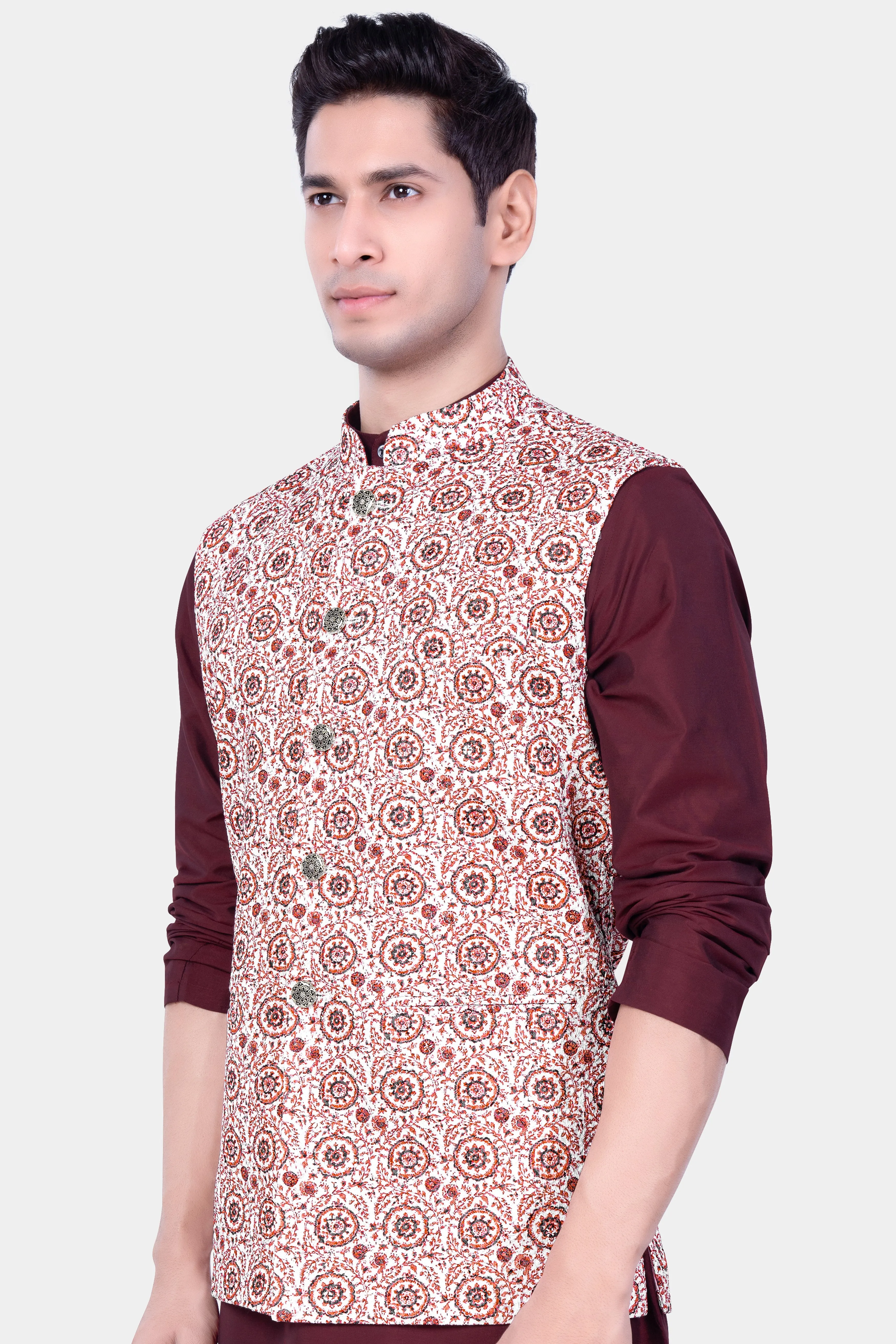 Copper Rust Brown And Bright White Embroidered Nehru Jacket sold by French Crown product image thumbnail 5