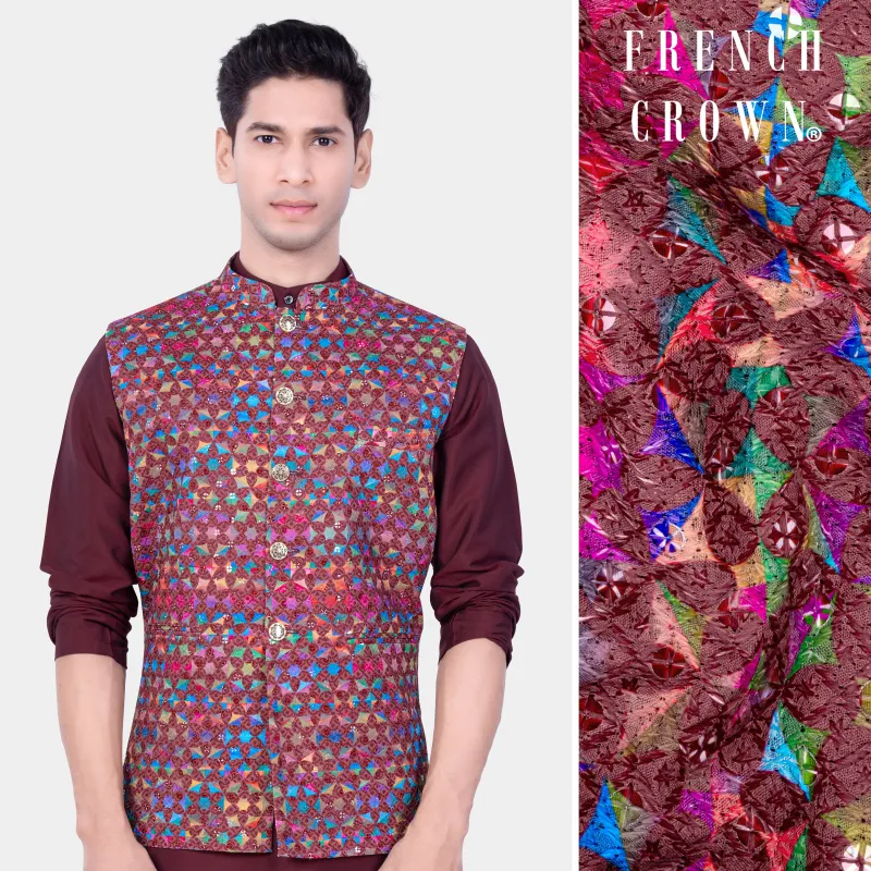 Cordovan Brown And Trendy Purple Multicolour Embroidered Nehru Jacket sold by French Crown