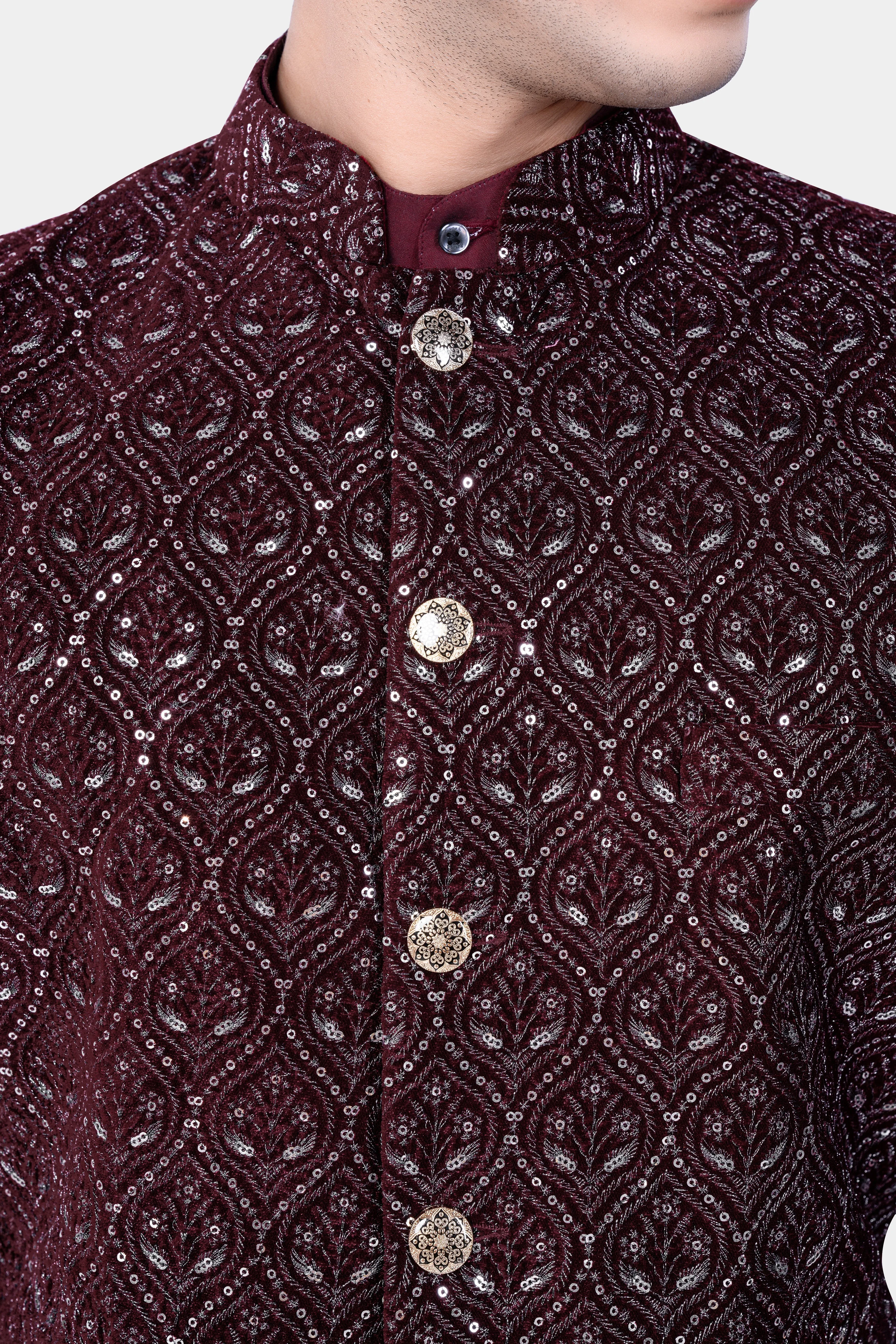 Aubergine Maroon With Sequins And Thread Embroidered Nehru Jacket sold by French Crown product image thumbnail 4