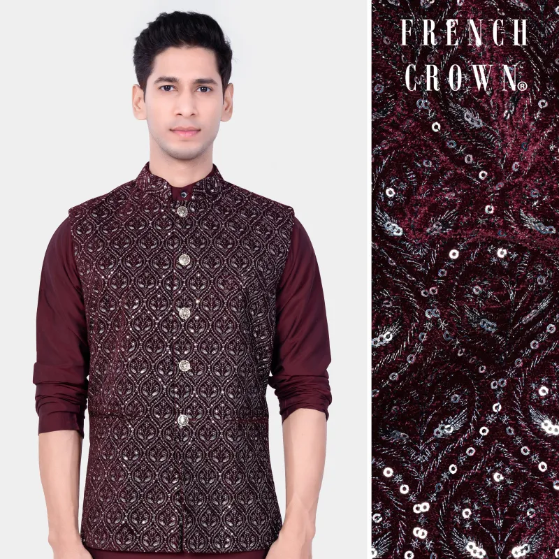 Aubergine Maroon With Sequins And Thread Embroidered Nehru Jacket sold by French Crown