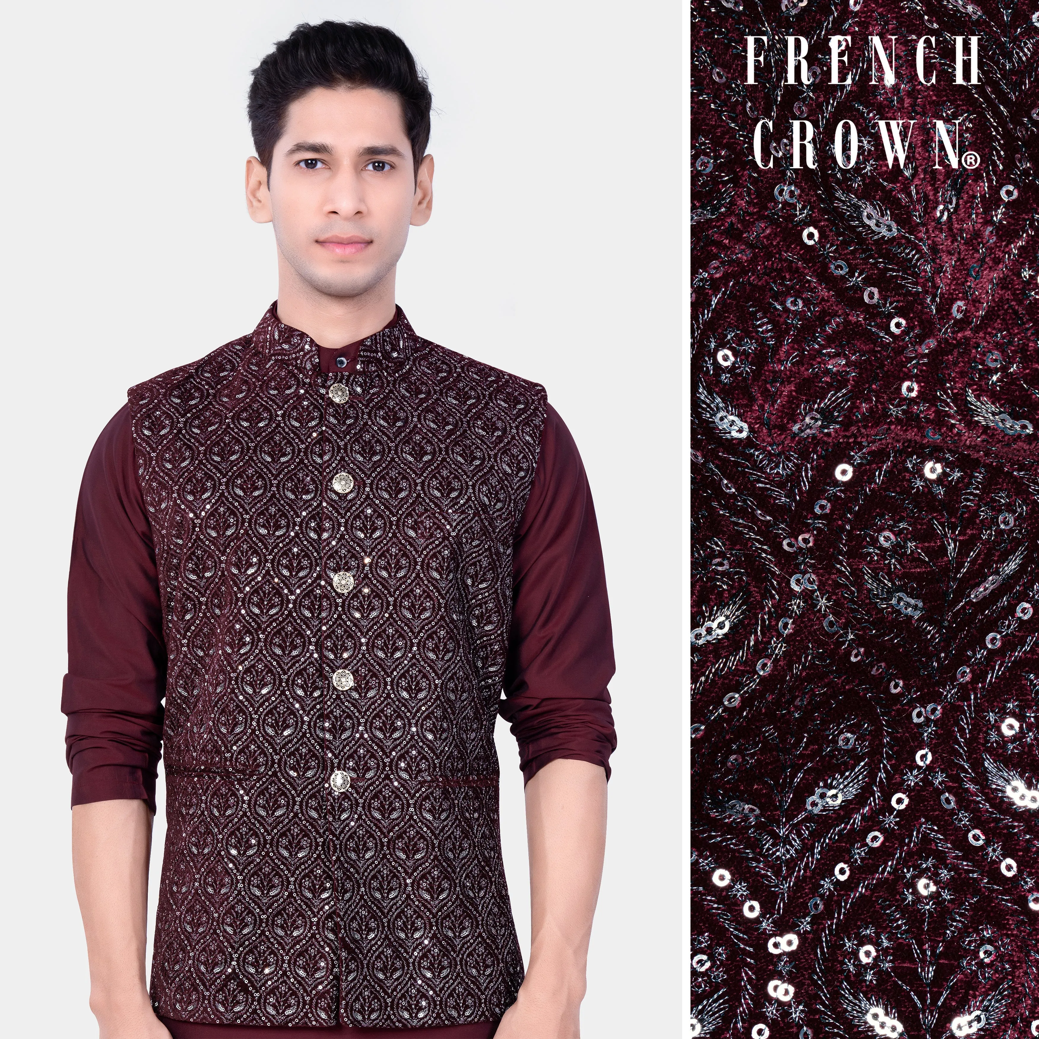 Aubergine Maroon With Sequins And Thread Embroidered Nehru Jacket sold by French Crown