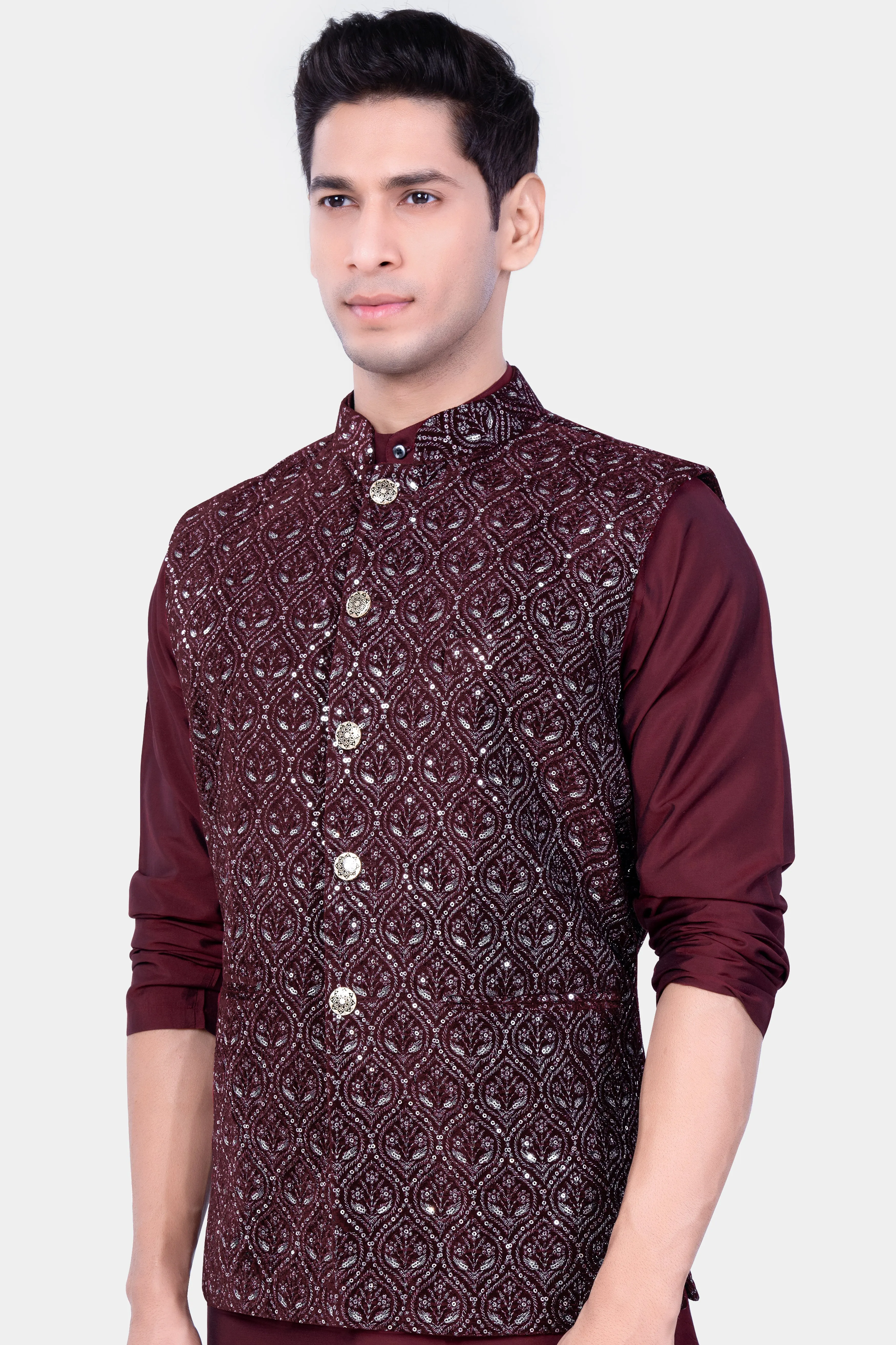 Aubergine Maroon With Sequins And Thread Embroidered Nehru Jacket sold by French Crown product image thumbnail 5
