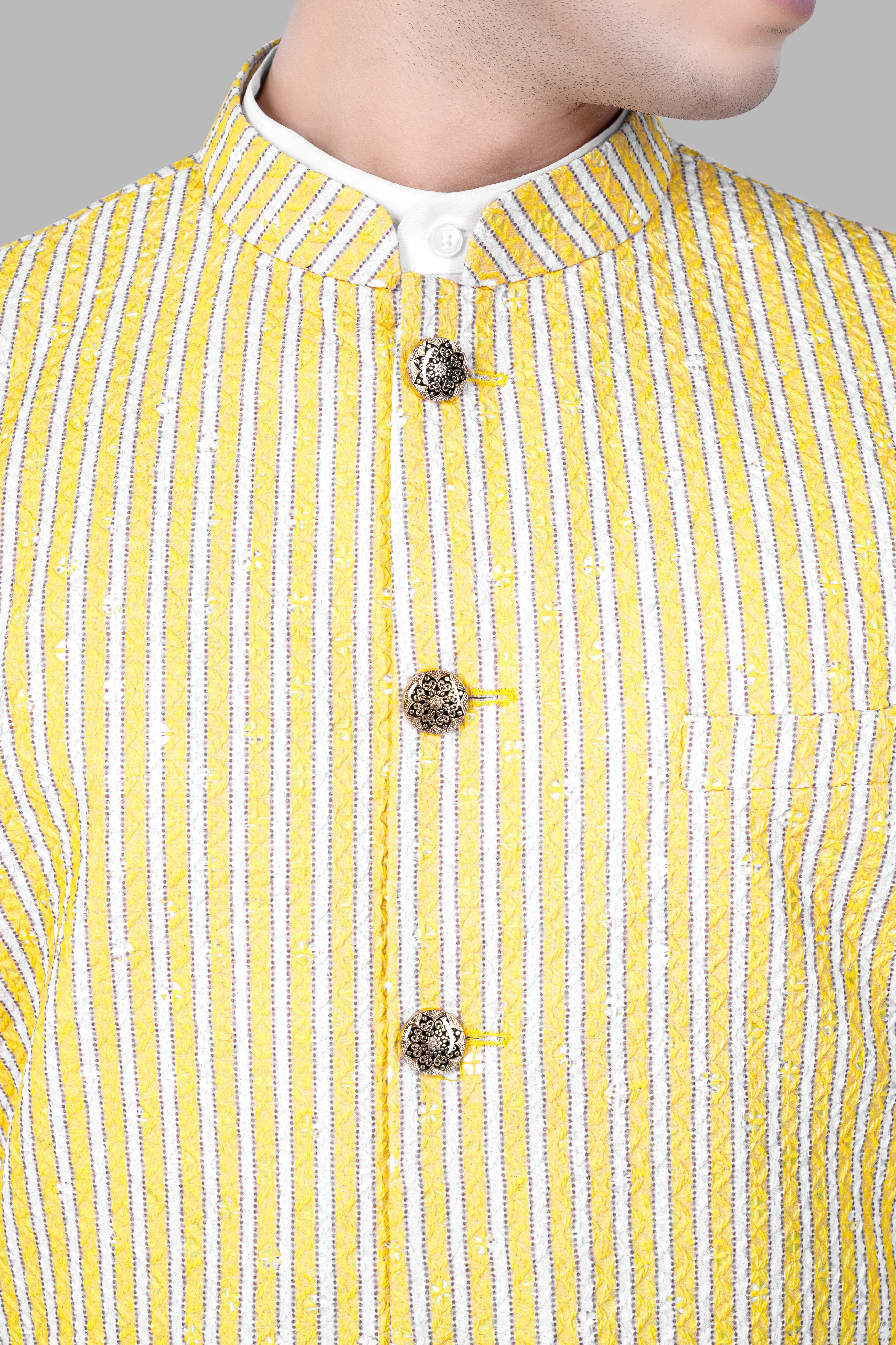 Drover Yellow And Bright White Striped Designer Thread Embroidered Nehru Jacket sold by French Crown product image thumbnail 4
